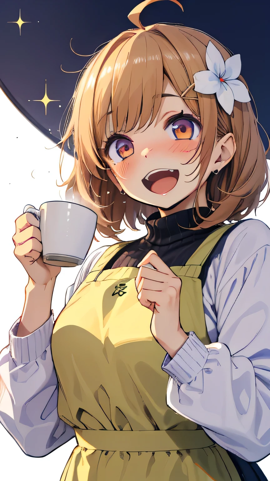 1girl :d absurdres ahoge apron blunt_bangs blush brown_sweater commentary cup disposable_coffee_cup disposable_cup double-parted_bangs eyelashes flower_symbol green_apron hair_ornament hands_up highres holding holding_cup kashitsuki_(tashikaniaruki) long_sleeves looking_at_viewer nanase_suzuna nijisanji notice_lines open_mouth orange_eyes purple_hair short_hair simple_background smile solo sparkle sweater symbol-only_commentary teeth turtleneck turtleneck_sweater upper_body upper_teeth_only virtual_youtuber wavy_hair white_background x_hair_ornament