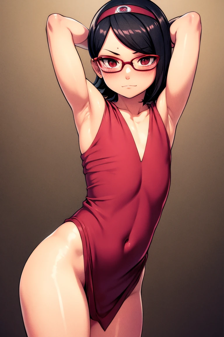 Highres, Masterpiece, Best quality at best,Best Quality,hight quality, hight detailed, sarada, masterpiece, (shirtless, topless, bare chest), large breast, big boobs, (slim body), (short body), (showing armpit:1.3), sexy