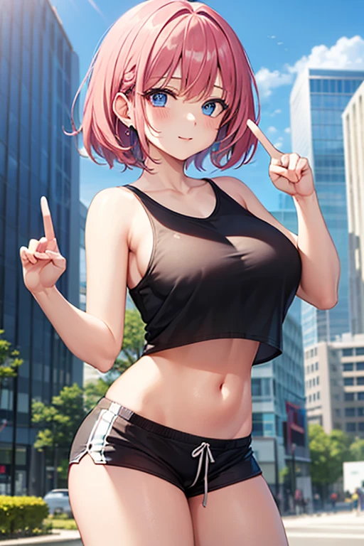 light pink hair, black sports bra