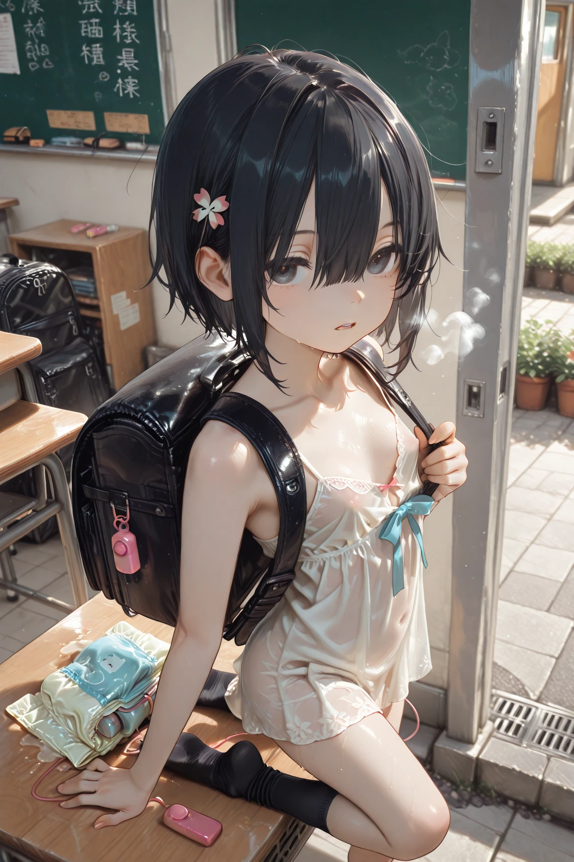 bus stop、Stay、blush、With legs apart、Beautiful sweat dripping down my thighs、Horny girl、、Sticky sweat、A young girl with a baby face、Sheer lingerie、Lace Stockings、White mini skirt((She looks embarrassed because of the transparent sweat on her inner thighs.))(Angle from the front)