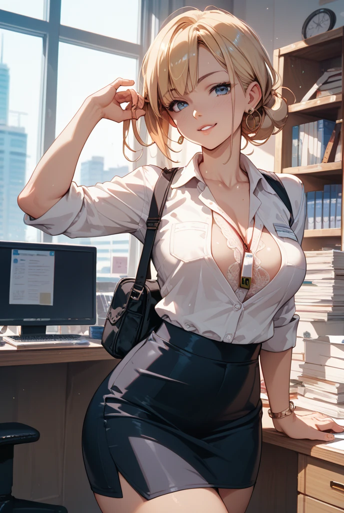 ((super high quality,))((Ultra-high resolution,))(16K,)(super masterpiece,)((Ultra HD ,))(Detailed shading,)One sexy office lady,Cleavage,popped Tight collar White shirts,turn up one's shirt collar,smile,blush,Facing forward,Office in the morning sun,slouch,