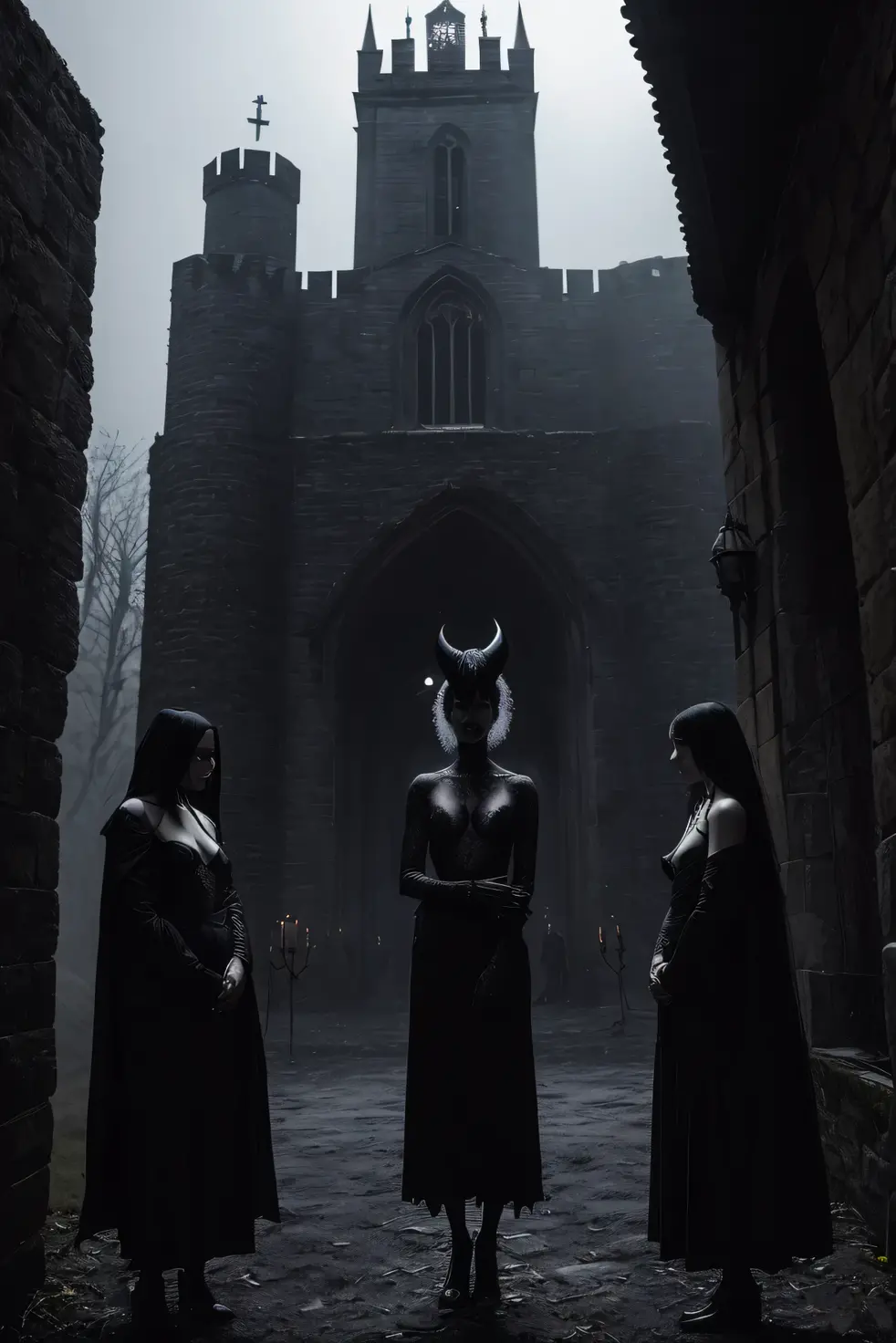 Horrid, possed, black mirror, cult, portrait, Dark magic, ominous, vintage, demon succubus dark night ritual. naked women standing around the dark misty hall,castle demon shadow in the background.