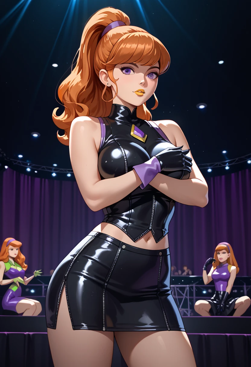 ((sultry, sexy, alluring, crime noir)), Extremely busty redhead singer, fair skin, green eyes, long sexy hair, curls, big hair, vintage style, soft face, athletic, ((gigantic breasts, cleavage)), dark purple glitter dress, pearls, jewelry, sequined sparkling dress, long dark purple gloves, tight purple dress, long dress, off-shoulder dress, strapless dress, ((sleeveless)), cleavage, vintage club, singing, stage, spotlight, (((Balsamique)))