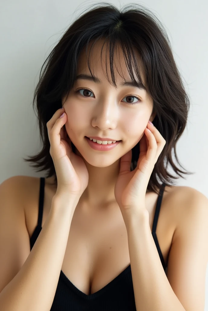 ((Tabletop,highest quality)), (Like the picture:1.4),(((Tabletop,8k)),White wall,(White Room),((Full body photo))),Photographed in natural light,Highly detailed face and skin texture,Highly detailed lips,The correct state of the human body,Ultra-high resolution,(Realistic:1.4),highest quality, 1. Beautiful woman, Age 35, S, 60mm lens,(Pixie Cut),Japanese women,(Black Hair),Open leg pose,Looking into the camera,Natural lip color,Professional Lighting,Mole,Small breasts,(((smile,Tanuki face)))