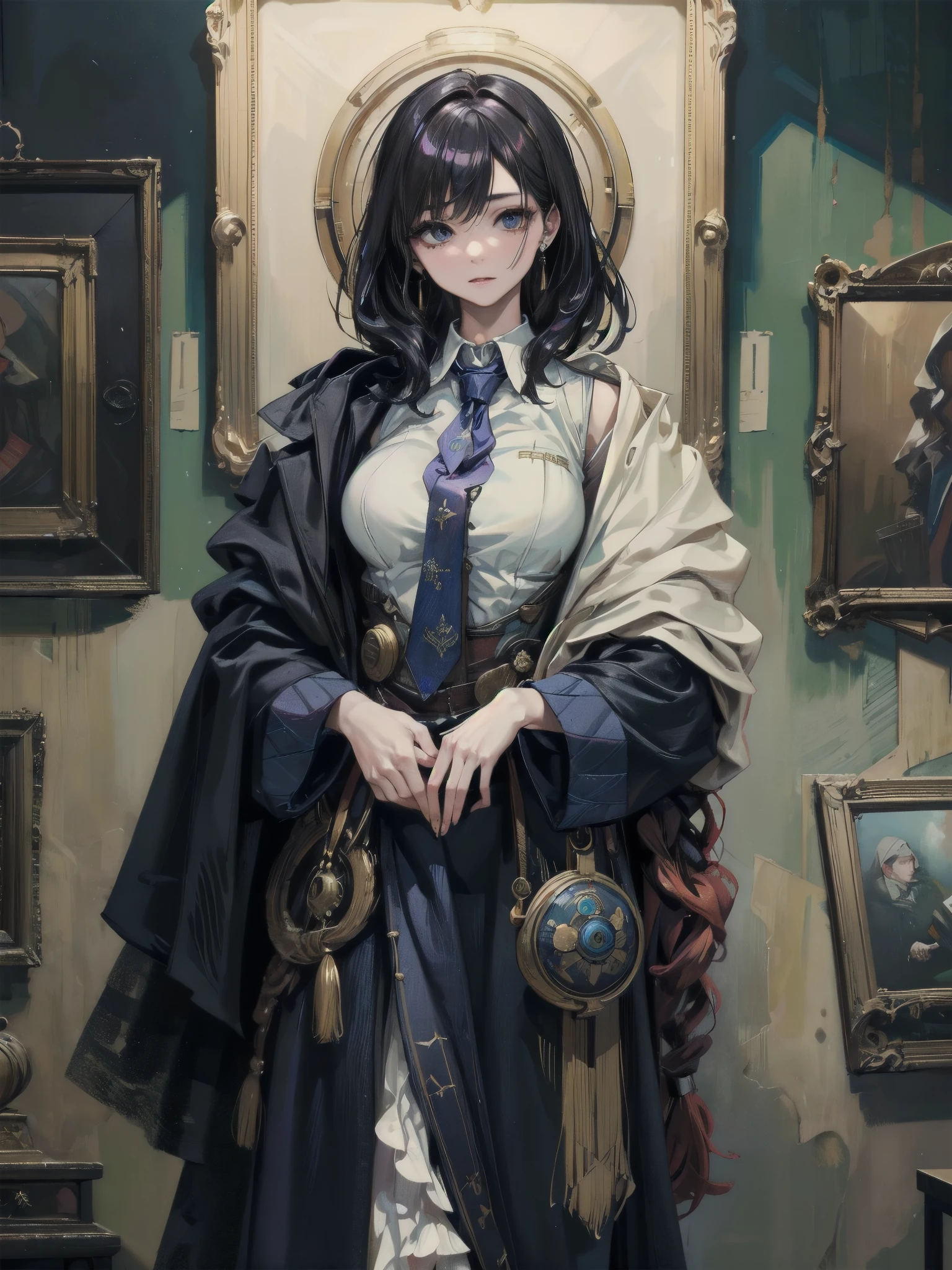 incredibly absurdres, RAW photo, extremely delicate and beautiful, masterpiece, Highest Quality, ultra high resolution, 32k, photorealistic, ultra-fine painting, sharp focus, physically-based rendering, extreme detail description, professional, perfect anatomy, correct body, super Detailed skin, perfect figure, Perfect Style, Perfect balance, ideal ratio body proportions, adult body, very Slim body, narrow waist, very small head, very small face, mole under eyes, earring, very huge round breasts, medium hair, wavy hair, ((black hair)), sexy, erotic, seductive, Sensual, ((((cowboy shot)))), ((hogwarts teacher, necktie, cloak)),