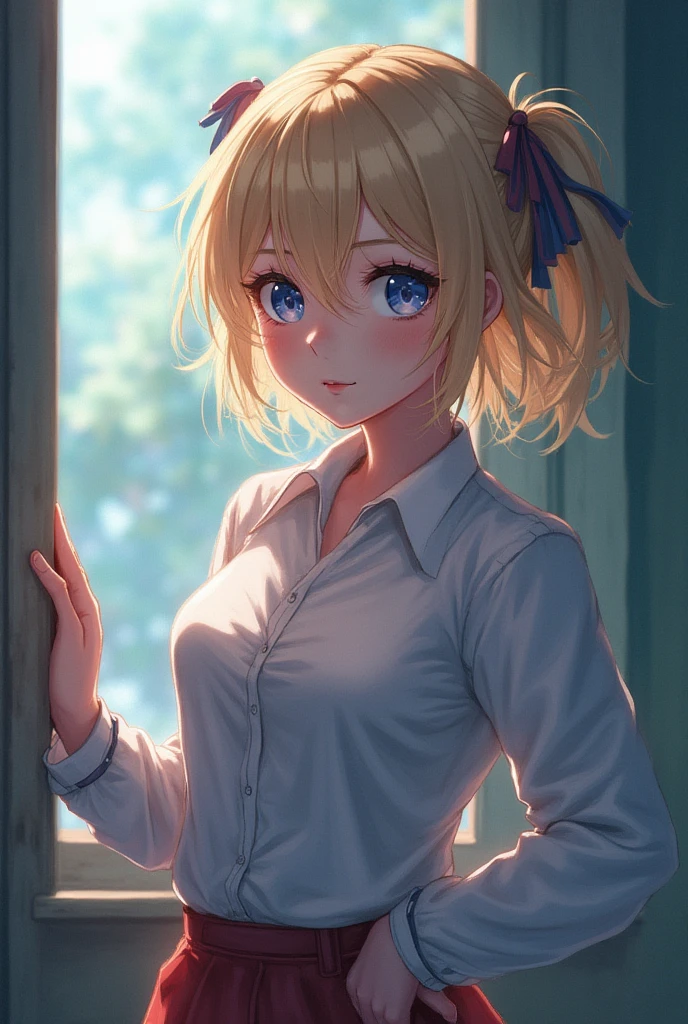 (((One girl))), blond hair, bob cut, (cowboy shot), (looking at viewer), breasts, teenager, head tilt:1.3, (((blue eye))), ((happy smile)), ((full face blush)), school summer uniform, white shirts, black tie, black skirt, cleavage, anime style, (best quality, 4k, 8k, highres, masterpiece:1.2, ultra-detailed, ultra-detailed eyes, HDR, UHD, studio lighting, ultra-fine painting, sharp focus, physically-based rendering, extreme detail description, professional, vivid colors, bokeh)