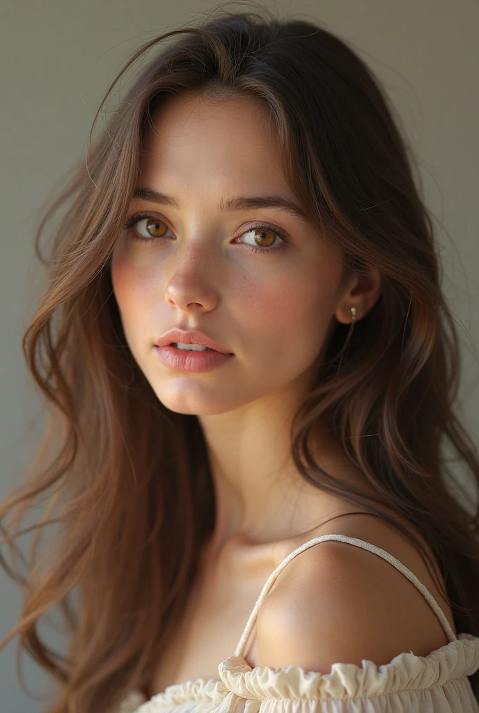 Portrait d'une femme avec un visage magnifique, visage harmonieux, grand yeux marrons clair, bouche pulpeuse, traits fins, élégante, ultra réaliste