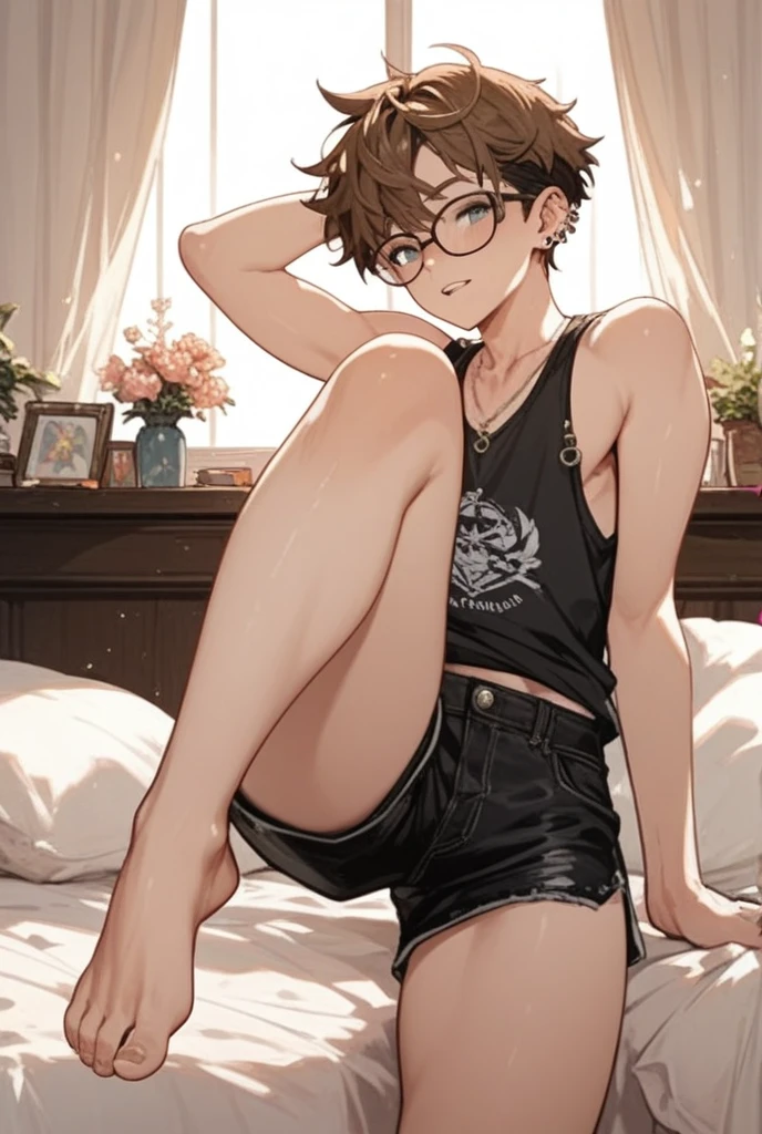 Solo, feminine boy, short messy light brown hair, amber eyes, brown cat ears, brown cat tail, femboy, playful, bedroom, seductive, smug, crotch bulge, male, crossdressing