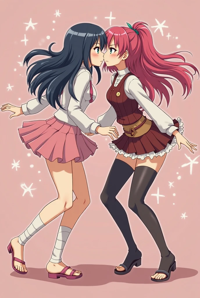 masterpiece,best quality,in the style of <lora:Manga_ShiwasuNoOkina:0.8>, cartoon, anime, 2girls, lighthouse, imminent kiss, shy, from side, face to face, heart, full body, hug, sunset, on a bridge, colored hair