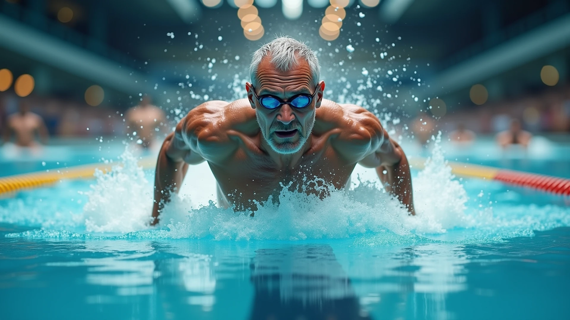 A sad man wearing a necklace of twenty Olympic medals, background image of an abandoned Olympic swimming pool, full image with cinematic shadow effect
