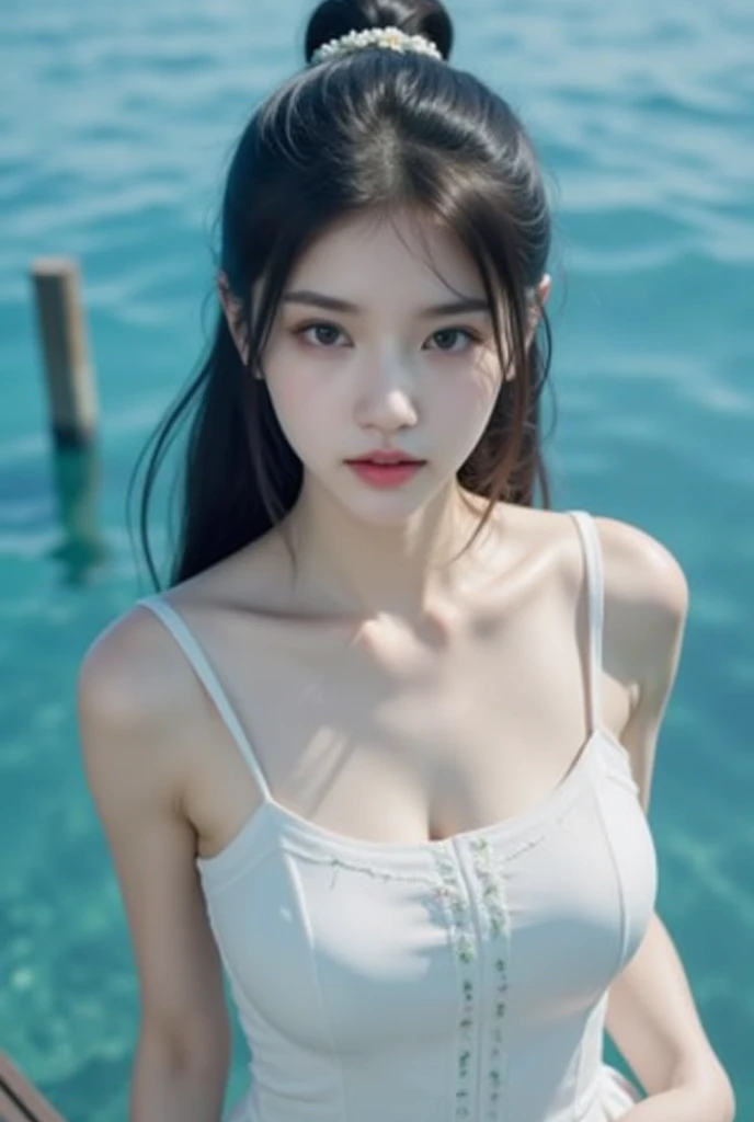(((best quality))),(((ultra detailed))),(((masterpiece))),illustration,(1 beautiful girl,shark girl,solo),((slim,thin,small breasts,flat chest)),aquarium,summer night,(sleek strapless sharkhead-hooded bra:1.3),shimmering hues,enchanting aura,(shoulder length straight bob hair:1.2),ocean-blue locks,shiny seaweed,porcelain skin,neon lights,emerald eyes,sharp gaze,delicate shark fin,translucent membrane,dancing fish,vibrant colors,undulating water,salty scent,distant waves,coral reef,gentle shadows,serene ambiance,electric atmosphere,Alezandra,oceanic magic,allure,enchantment,vision,extraordinary presence,((from front,close-up of face))