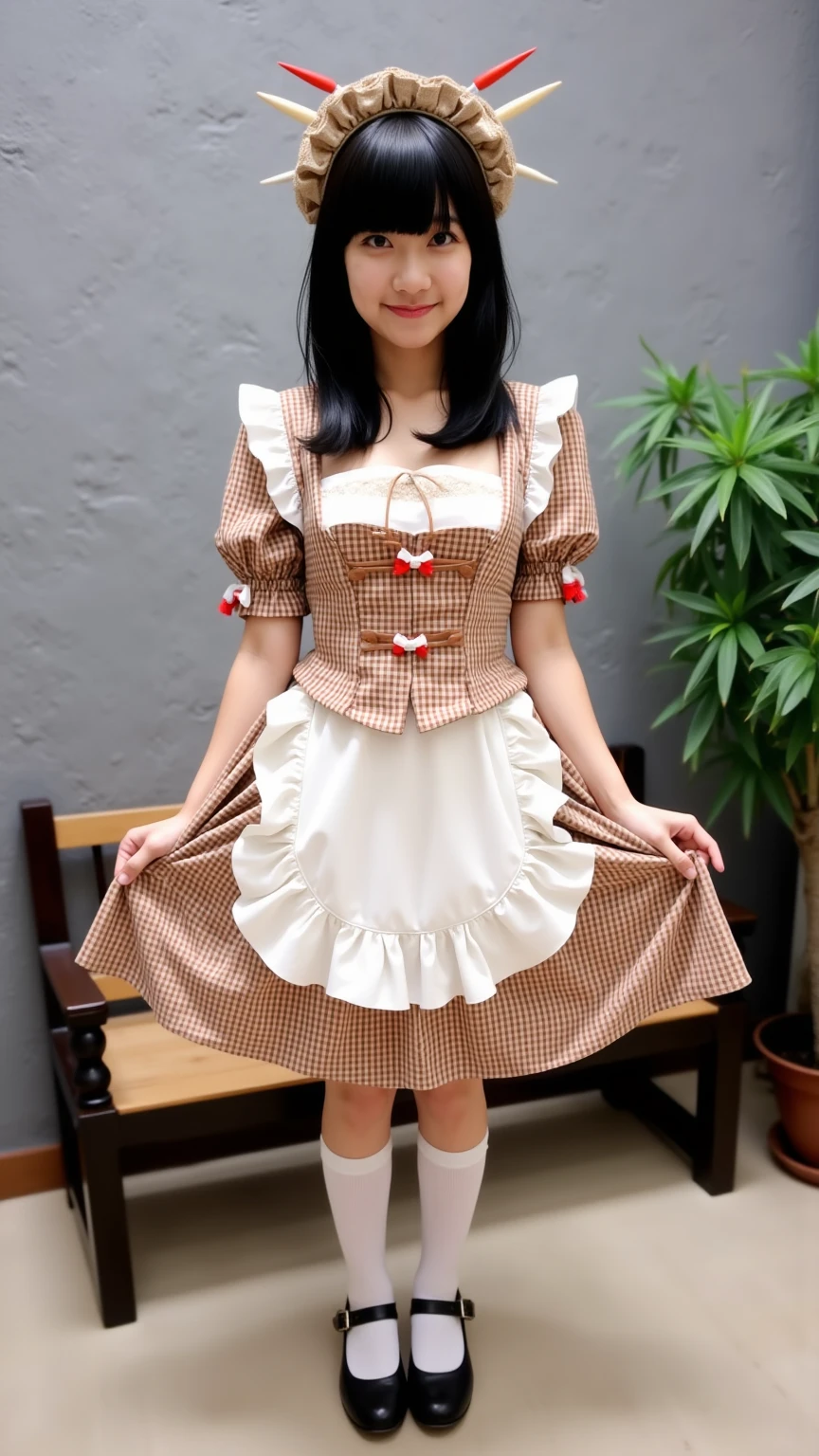 1girl, masterpiece, best quality, ultra-detailed, beautiful detailed, (((extremely detailed face))), (((blunt bangs))), (((big frills and ribbon))), grin, (((red blouse))), (black skirt), suspender dress, frills, lace, (long hair), ((garter belt)), (((piercing jewelry))), (((look down))), (dirty street), (jack o lantern), (Red Riding Hood), (crowd), ((short bob hair))