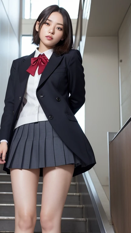 Top quality, high image, 1 woman, 18 years old, school stairs, black jacket, Medium breasts,white blouse,(plaid miniskirt), cotton panties,upskirt from below
