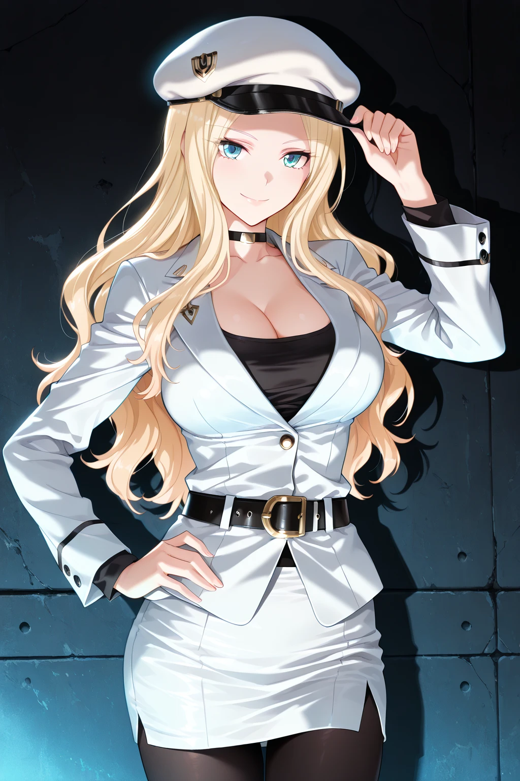 (masterpiece, best quality),  intricate details,
1girl,  Constance, blonde hair, purple eyes, long hair, hat, peaked cap, military, uniform, military uniform, choker, thighhighs, boots, thigh boots, white footwear, chest tattoo, 
