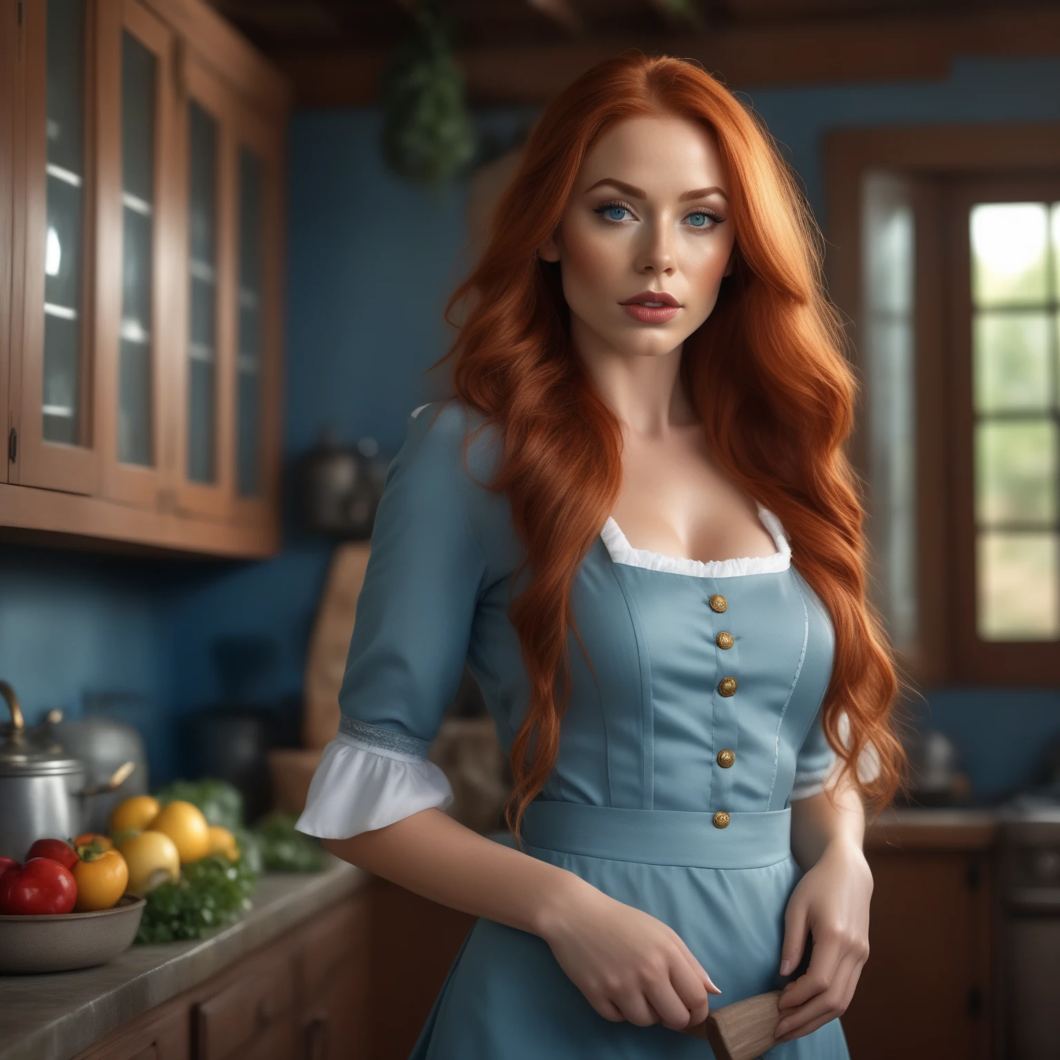 beautiful ginger women in detailed dress at cozy detailed potions shop, air above hair, IPA award wining, masterpiece