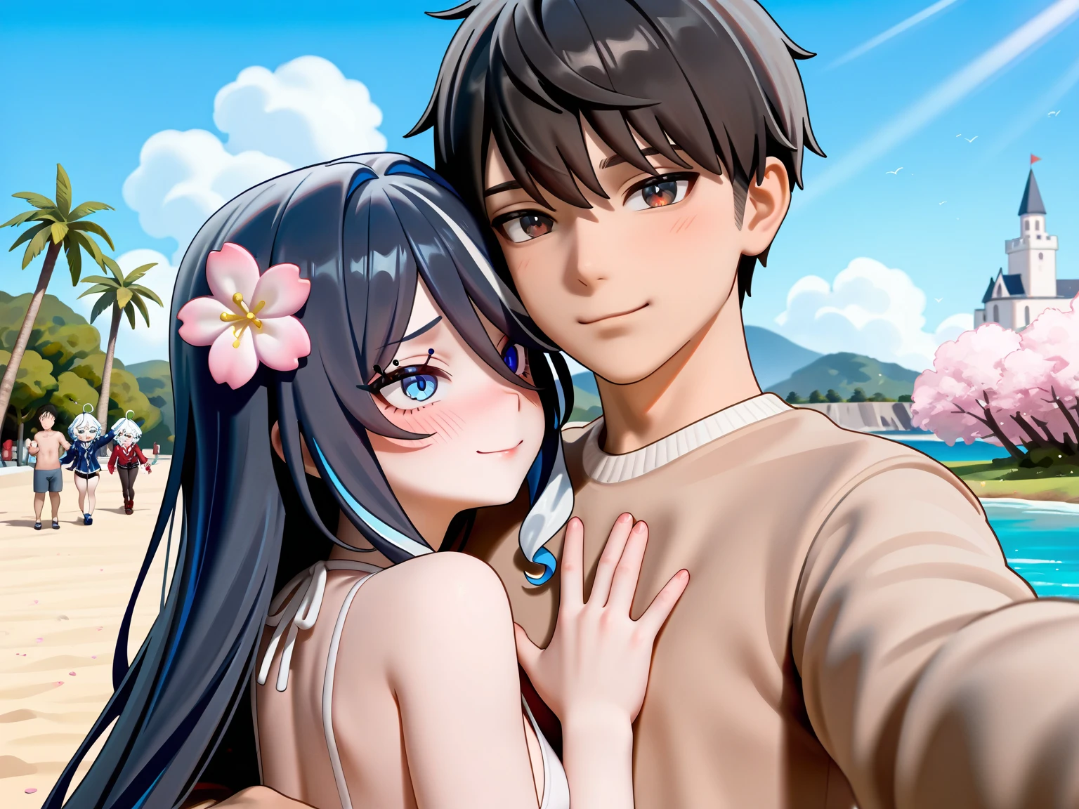 Sunny beach bikini coconut tree couple --auto --s2