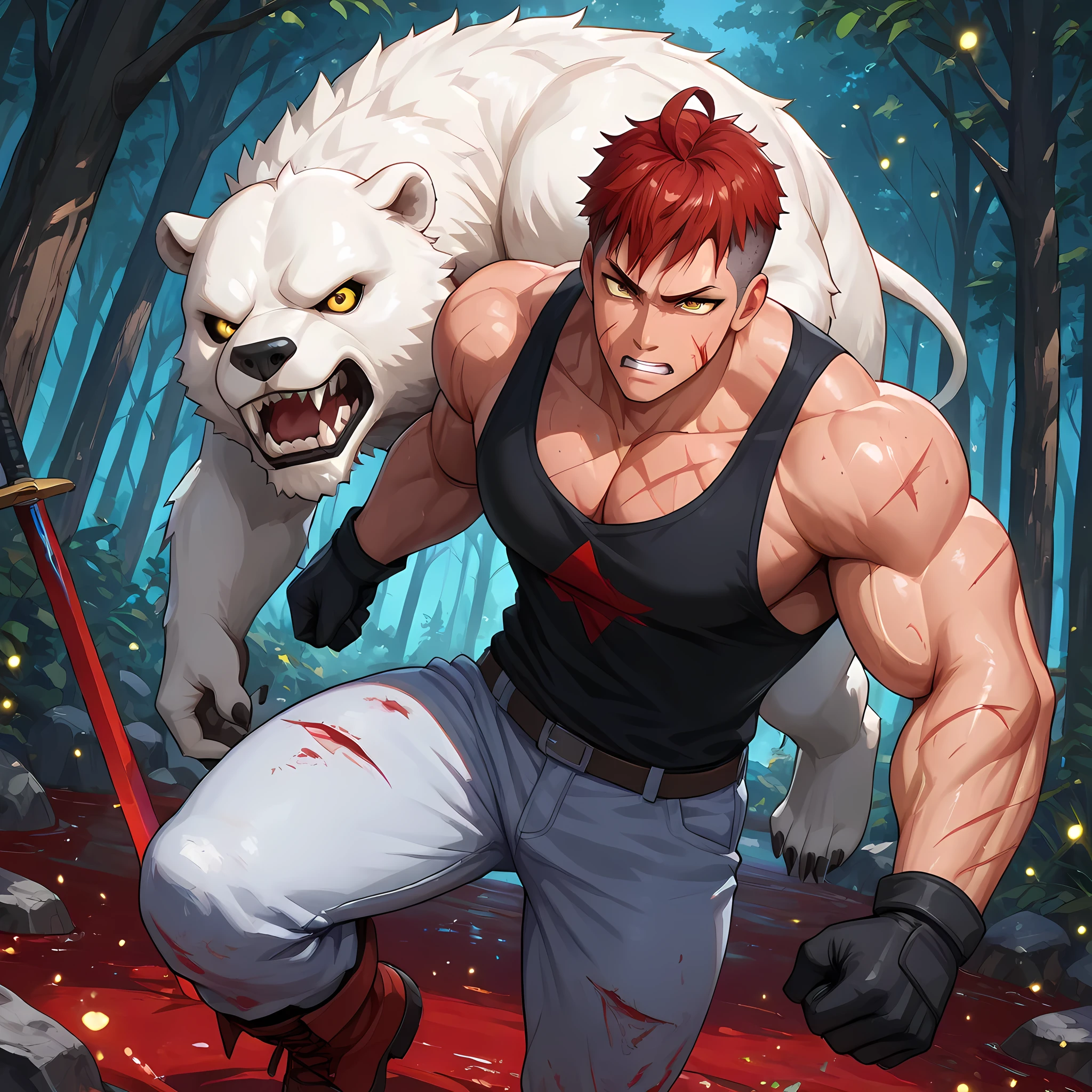 ((bloody scene, violent battle, details of sword impact, blood gushing in the scene)), ((body parts being cut off by sword attack, fighting a white bear enemy, epic battle, epic scenery, ultra detailed)), ((best image quality, best scenery, epic scene, better resolution art, richly detailed body, excellent facial details, full HD):1.2), {Sung Jin-woo}:((1man, man with a muscular body, defined chest, strong arms, shaved hair on the sides, messy red hair, ahoge hair, dark yellow eyes, clenched teeth, expression of pain, body covered in sword cuts, body with scars, obvious bruises, black tank top, tight white denim pants, red army boots, black gloves), ((side angle, dark forest, pools of blood everywhere, dismembered people along the way, manjushage flowers, fireflies flying overhead))