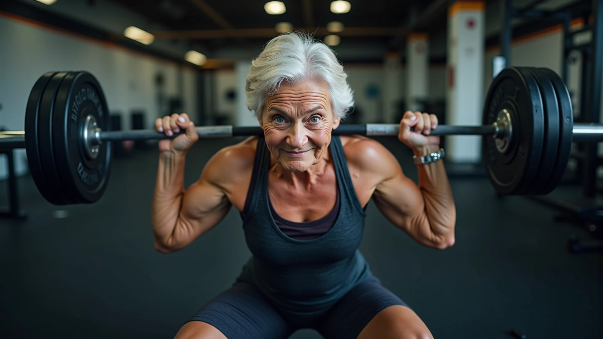 AN OLD WOMAN, quite lean, with white hair, Waist slender, smooth skin and in a gym wearing a black swimsuit and with her thin legs on display lifting her thin leg
