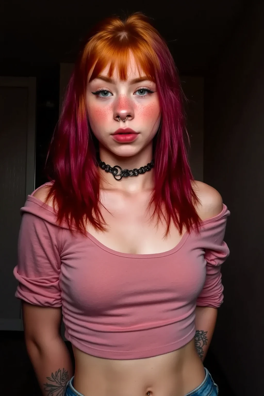 score_9, score_8_up, score_7_up, score_6_up, cinematic picture of 1girl, girl, young, adorable, cute, innocent, thin, short, skinny small, age14, (cute face), Long hair, a-line haircut, ginger hair, freckles, freckles on body, freckles on face, blushing, small breasts, fit, bright blue eyes, ((small waist)), cute, feminine, (black choker), sweet, (tight pink long sleeve tight crop top), ((standing, arms behind the back)), (puffy nipples), erect nipples, ((Showing some under  under the tight crop top), natural skin, british:1, shy, in dark bedroom, long intricate ginger hair, face focus, low light, dark night, shadows, short stature, slim skinny anorexic body, petite anorexic body, round face, youthful face, dramatic lighting, candid, perfect eyes, Reddit, amateur, real life photo, selfie, portrait, naked belly