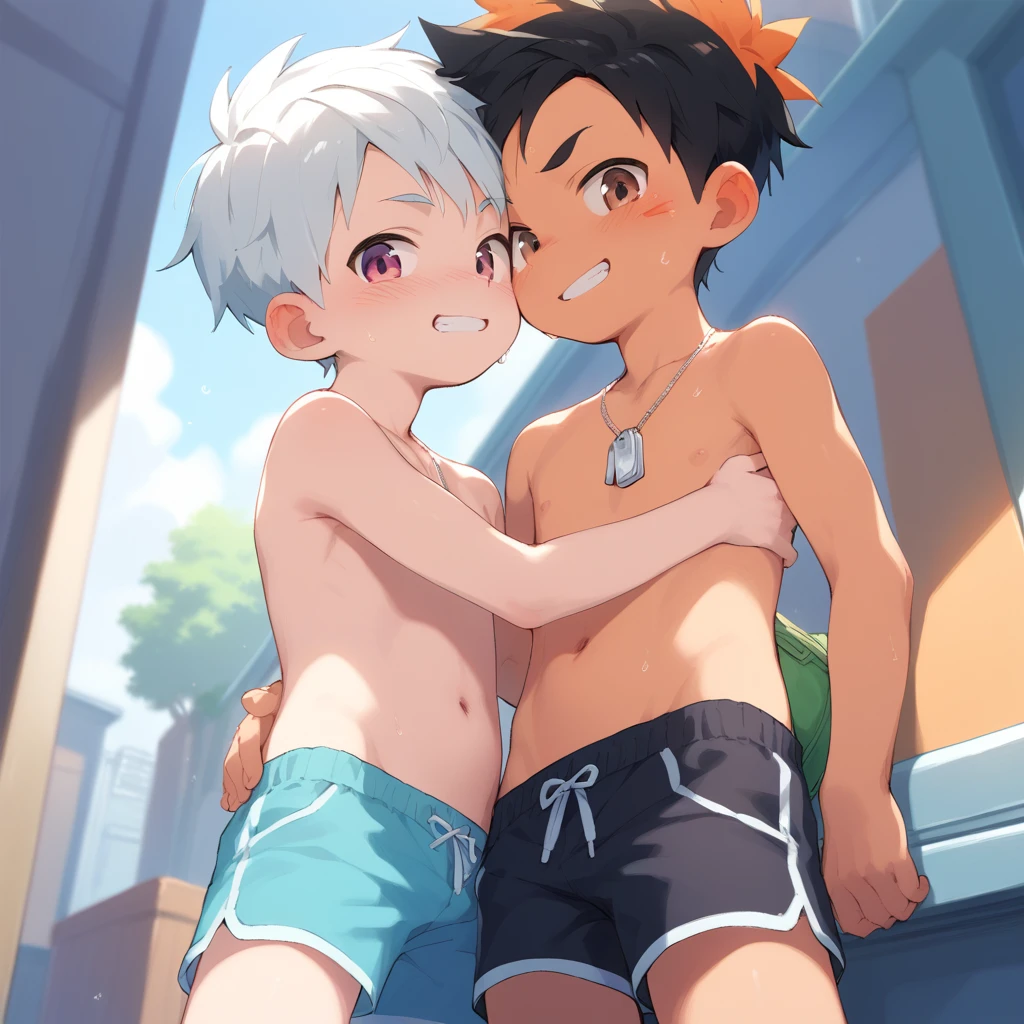 a boy tightly hugging another boy from behind, a boy pushing his hips roughly against another boy's butt from behind, 2 boys, side view of 2 boys, two characters, two males, fully naked, erect, hard. stylized, illustration, digital art, Lively and cute boys，8K,Cinematic lighting effects，Textured skin，best qualtiy，Storytelling images，Ambient lighting，actionpose，masterpiece，A masterpice, 16 years old, shirtless, in the river, riverside, water, half immersed in water, river, trees, foliage, tree shadow, forest, erection, blushing, shota, (Libido Boy, Shota), erection, blushing, shota, (Libido Boy, Shota), young, small, cum, cumming, cumshot, milk. dripping milk, standing behind, hug from behind, naked, penis, dick, thick penis, big penis, long and broad penis, thin, moe fang, cute fang, sly expression, sweaty, very sweaty, hot, hot air, sweating, wet, looking up, penis,(backbone:1.2),the night,vivd colour,(depth of fields:1.2),solid background, black skinned boys with tattoos, white hair, really really dark black skin