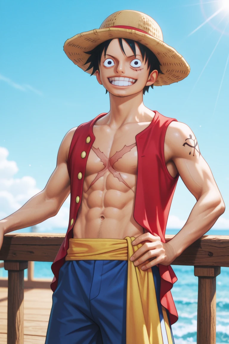 Joe from the Jonas brothers dressed as Luffy from one piece, in bikini bottom