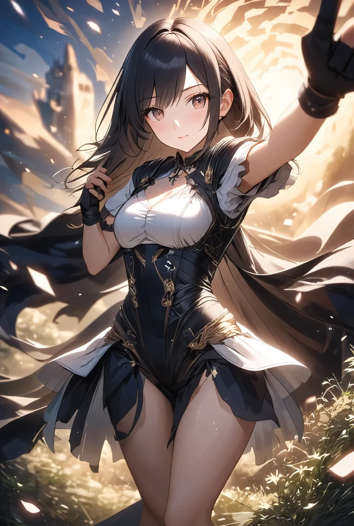 A beautiful girl in a short skirt holding a sword and a bird, outside, night, (magical girl), leotard, fluffy layered skirt, thigh highs, bow, wand, wings, flying, floating, big rounds breasts, dark brown hair, long bangs, french braid, long hair, wavy hair, expressive hair, shiny hair, hairclip, hair ribbon, jewelry, aqua eyes, glowing eyes, pupils sparkling, earrings, blush, light smile, shy, embarrassed, nervous smile, beautiful detailed eyes, natural lighting, high detail, anime, anime style, depth of field, cinematic lighting, game CG, dithering, image fill, multiple views, wide shot, from above, from behind, from below, atmospheric perspective, perspective, panorama, Wide-Angle, f/1.8, 85mm, Nikon, 8k, super detail, masterpiece, retina, masterpiece, accurate, anatomically correct, textured skin, high details, best quality, highres, 16k
