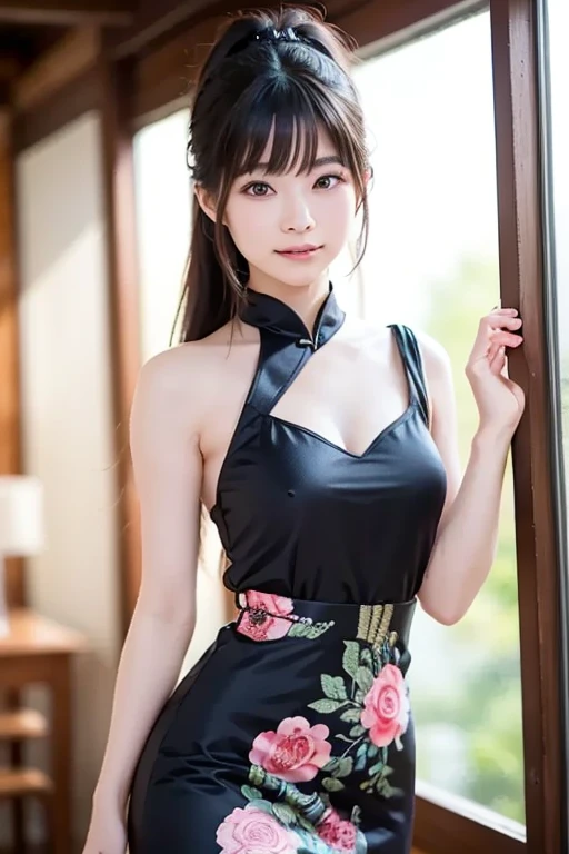 ((top quality, 8k, masterpiece: 1.3)), cowboy shooting, Very cute beauty, 1 girl, (beautiful: 1.3), (abdominal muscles, slender figure: 1.1), sharp focus, ((intricate details))), high detail, Upper body, a girl, Black twin bangs, Chinese characters, (Luxurious satin cleavage cutout evening cheongsam: 1.5), lace, Evening gown with exquisite details, 8k, 8K resolution, Clean detail face, Detail body, Detailed clothes, clear image, hyper clear image, Japanese anime concept art, Popular topics on Artstation, ((look at the audience, turning to the viewer, Gaze at the viewer: 1.3)), Seductive sexy pose, (seduct smile, faint smile: 1.35)), pink lipstick, Bokeh, depth field, 8.5 so small, 8K resolution, (EOS 5D Mark IV, 35mm lens, shooting on f1.8), (Chinese street background, There is no simple human background, Detailed background), ((frame header: 1.3), detailed human hands, perfect human hands, perfect anatomy, Perfect proportion, Super sharp focus, There is a katana