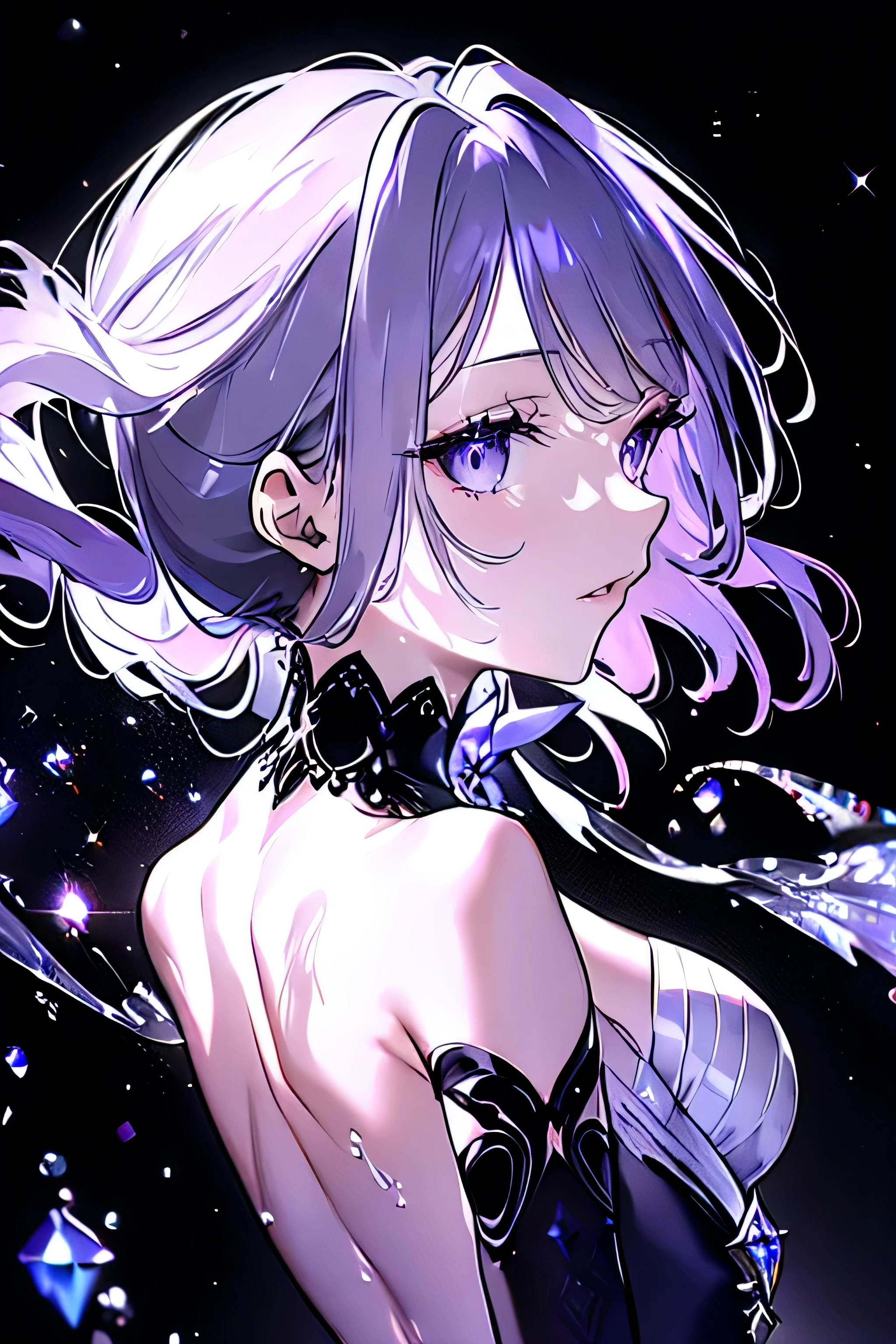 High definition RAW color art, Animation,sculptures, Silver Marble Skin, (((Ultra detailed elegant))), Magical atmosphere, (Detailed skin, Texture (Intricately detailed, Fine detail, ultra-detailliert), crimson moonlight, depth of fields, Bokeh, Silky Touch, Hyper Detail, Matte Drawing, sparkle effect, Monochrome background, dynamic カーテン, down-light, purple neon, beautiful eyes, elegant face, looking back, profile