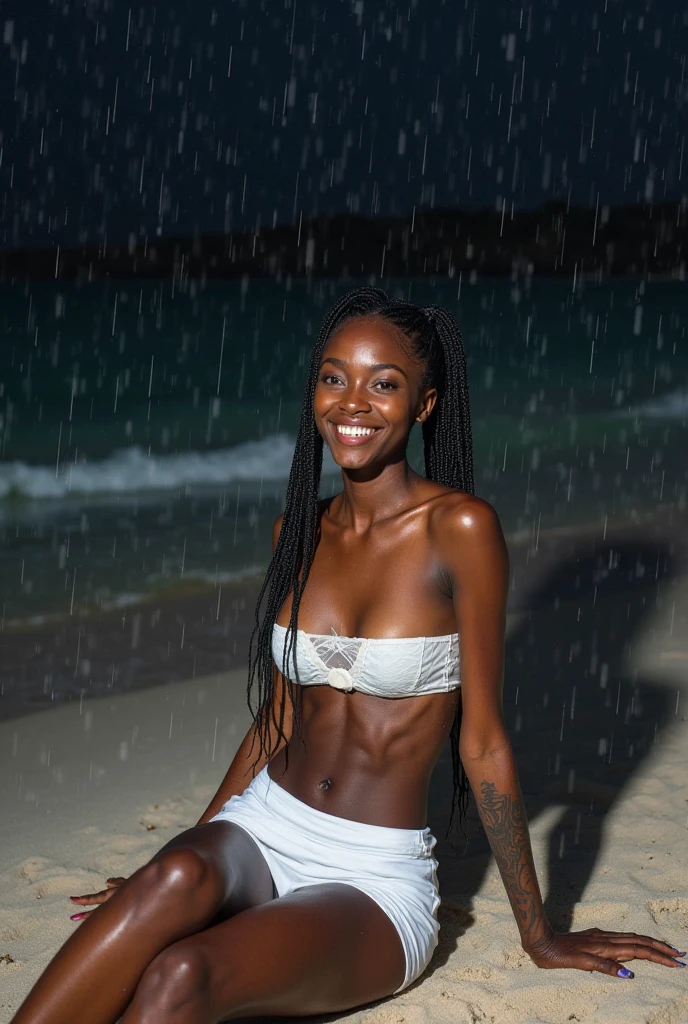 chubby elegant black woman, white bob hair、Wearing white bikini, in pool,Wet body, wet hair, sensual(30 years old)smile, smile, smile 100%,(1 beautiful woman:1.33)、dark-skinned black、1womanl, 40 years、hyperdetailed face、Detailed lips、A detailed eye、二重まぶた、Smiling 、2 4 year old female model, ,Short cut mid body shot, casual pose, violet myers,