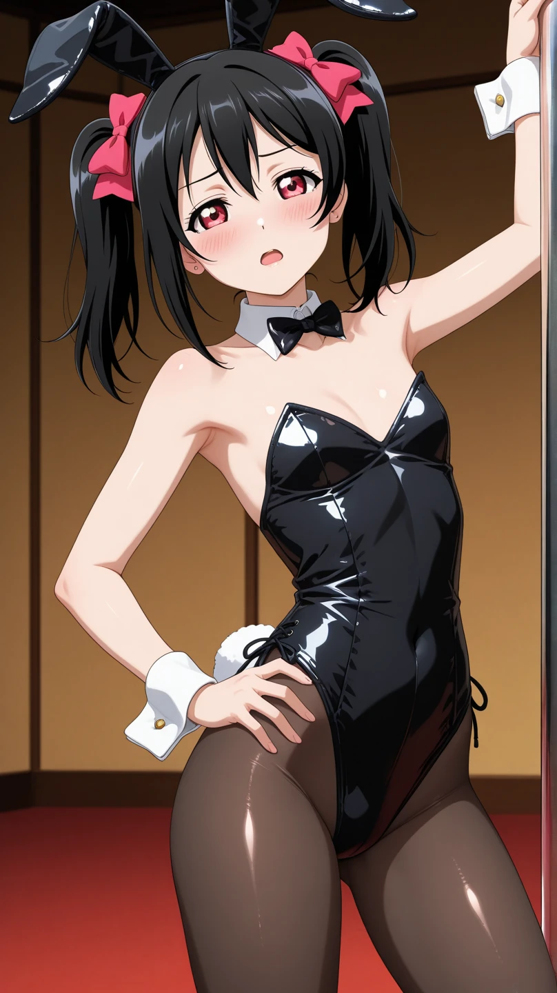 ((komi shouko)), 1girl, alone , Shouko komi,absurdres, animal ears, black leotard, black pantyhose, bow, bowtie, breasts, cowboy shot, detached collar, grey background, highres, komi-san wa komyushou desu, komi shouko, leotard, long hair, medium breasts, pantyhose, playboy bunny, ponytail, purple eyes, rabbit ears, simple background, solo, standing, strapless, strapless leotard, wrist cuffs, excellent hands, excellent anatomy