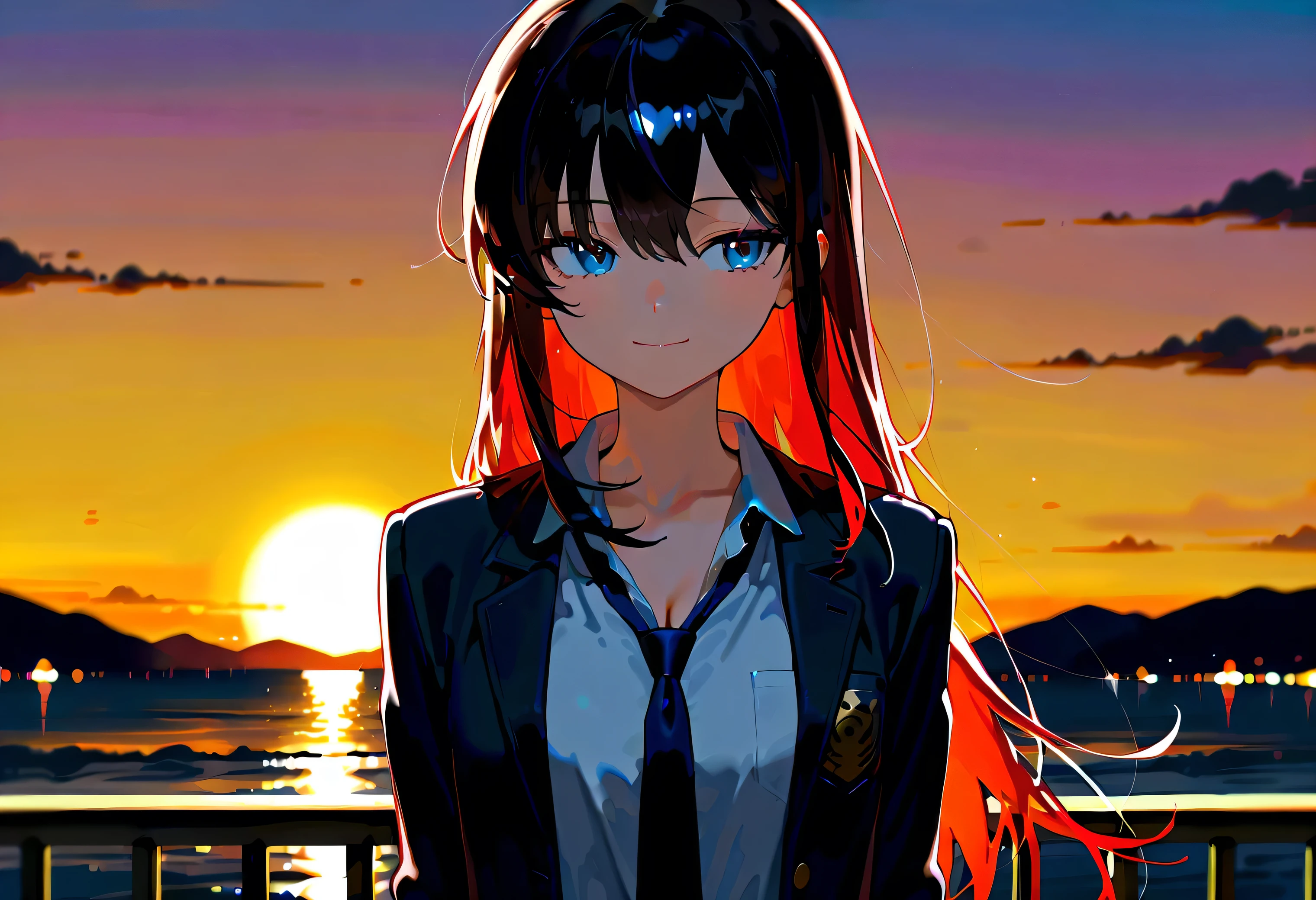 masterpiece, best quality, amazing quality, very aesthetic, absurdres, newest,scenery, highres icon,absurdres,16k,flat anime style、748cmstyle,Expressiveh, 1 girl、hagakure_tooru 1 girl、solo、chest、 stares at viewers、smile、 long hair、 shirt、 Long Sleeve 、 school uniform、 jacket、白い shirt、 upper body、 ties、襟付き shirt、Smile、V neck 、black hair、 parody in hin、 blazer、赤い ties、sunset background、灰色の jacket、ダブル V neck 、UA school uniform, Masterpiece , best quality, amazing quality, very aesthetic, absurdres, newest,scenery, blue eyes