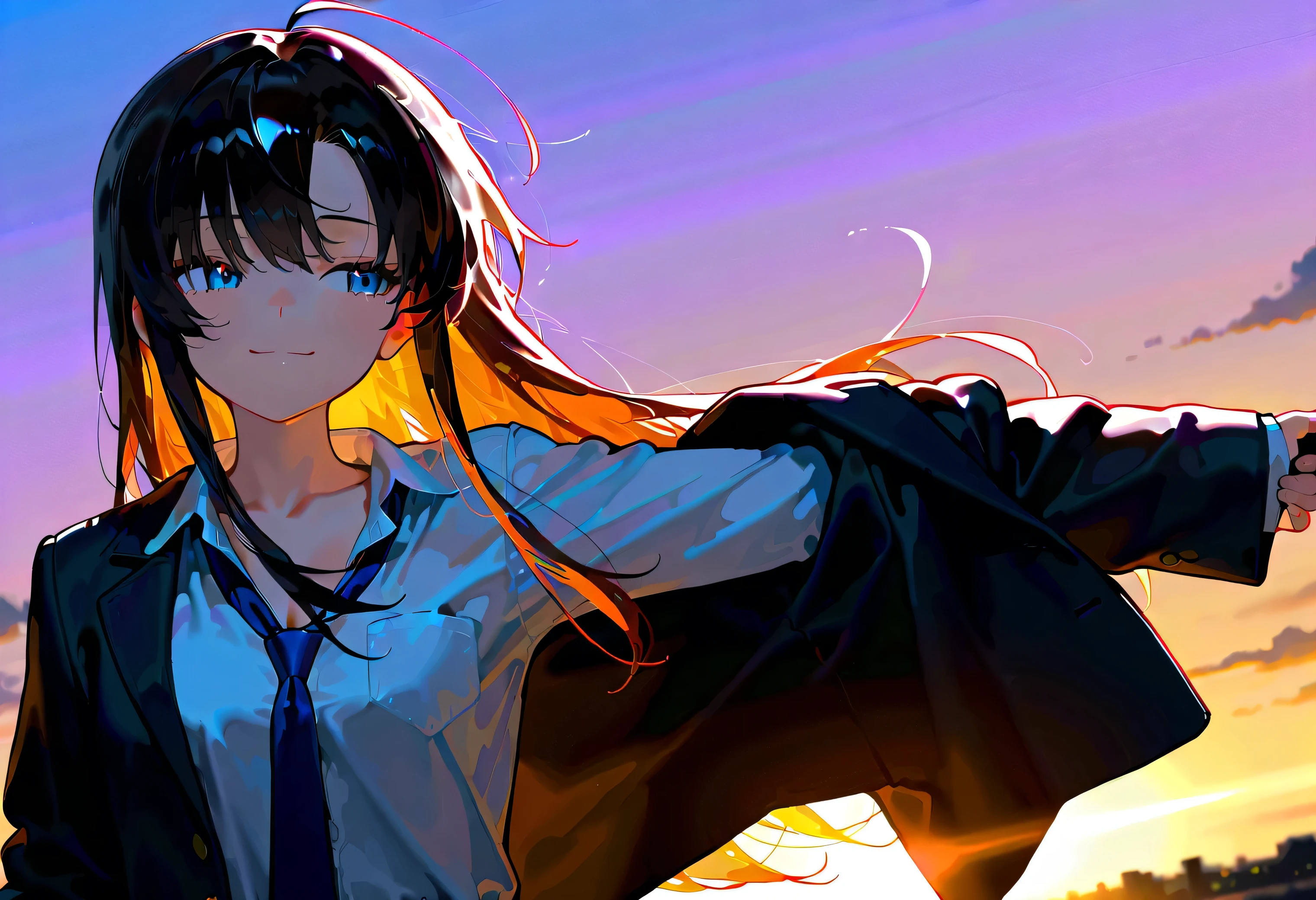 masterpiece, best quality, amazing quality, very aesthetic, absurdres, newest,scenery, highres icon,absurdres,16k,flat anime style、748cmstyle,Expressiveh, 1 girl、hagakure_tooru 1 girl、solo、chest、 stares at viewers、smile、 long hair、 shirt、 Long Sleeve 、 school uniform、 jacket、白い shirt、 upper body、 ties、襟付き shirt、Smile、V neck 、black hair、 parody in hin、 blazer、赤い ties、sunset background、灰色の jacket、ダブル V neck 、UA school uniform, Masterpiece , best quality, amazing quality, very aesthetic, absurdres, newest,scenery, blue eyes