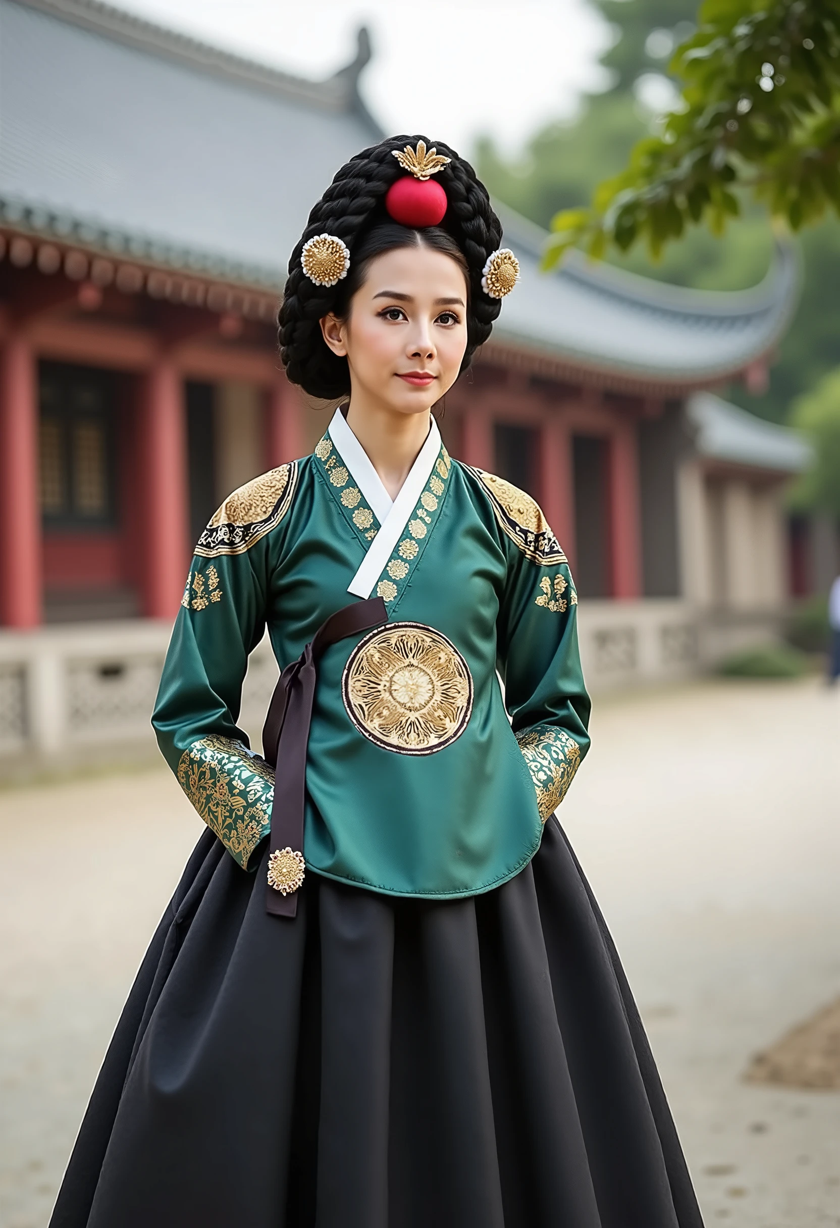 [CHARACTER: Korean Court Lady (Sanggung)]  
**Appearance:** A dignified and composed Korean court lady with **soft yet resolute features**, reflecting wisdom and duty.  
**Outfit:** Wearing a **deep green jeogori (top) with a plain black chima (skirt)**, traditional attire for a **sanggung**, kept elegantly simple with no patterns or embellishments.  
**Hair:** Neatly tied back into a **low, modest bun**, with no additional hair ornaments, emphasizing discipline and tradition.  
**Expression:** Calm, professional, and poised, reflecting the grace and diligence of a **trusted court lady**.  

[SCENE]  
**Location:** Standing in a **traditional Korean palace courtyard**, with wooden pillars and tiled rooftops in the background, representing the historical setting.  
**Lighting:** Soft and natural daylight, creating a serene yet respectful atmosphere.  
**Mood:** Reserved, elegant, and duty-driven, capturing the **refined essence of a court lady in the royal palace**.  

[CAMERA]  
**Medium portrait shot**, focusing on **the upper body**, **neat hairstyle**, and **simple yet elegant hanbok design**.  

[STYLE]  
**Ultra-realistic**, cinematic lighting, **8K photo-quality**.  
Avoid cartoon or anime styles. Colors should be **subdued and traditional**, emphasizing the deep green and black tones in a refined way.  
