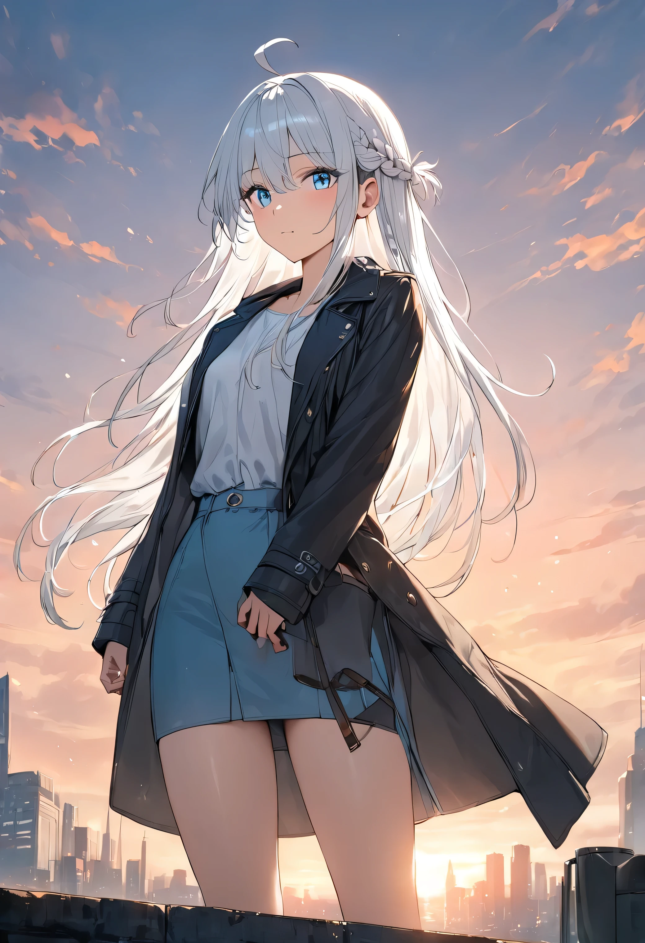 Resolution full, very accurate, best quality, masterpiece, cinematic lighting, full HD, very sharpener, best art, very accurate, city background, 1girl, solo, cute girl, beautiful and cute girl, white hair, long hair, braid hair, bangs hair, ahoge hair, straight hair, gradient gray and white hair, slim body, beautiful bright blue eyes, white blouse, black coat, long coat, blue miniskirt, perfect legs, standing model, sunset, dusk, evening, twilight, vesper