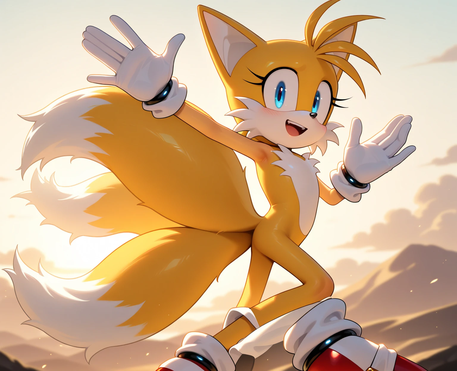 mammal, canid, canine, fox, yuji_uekawa, naoto_ohshima, official_art, miles_prower, young, male, anthro, solo, anthro, mostly_nude, featureless_crotch, red_footwear, white_gloves, sega, sky, 2_tails, digital_painting, (masterpiece, best_quality), safe
