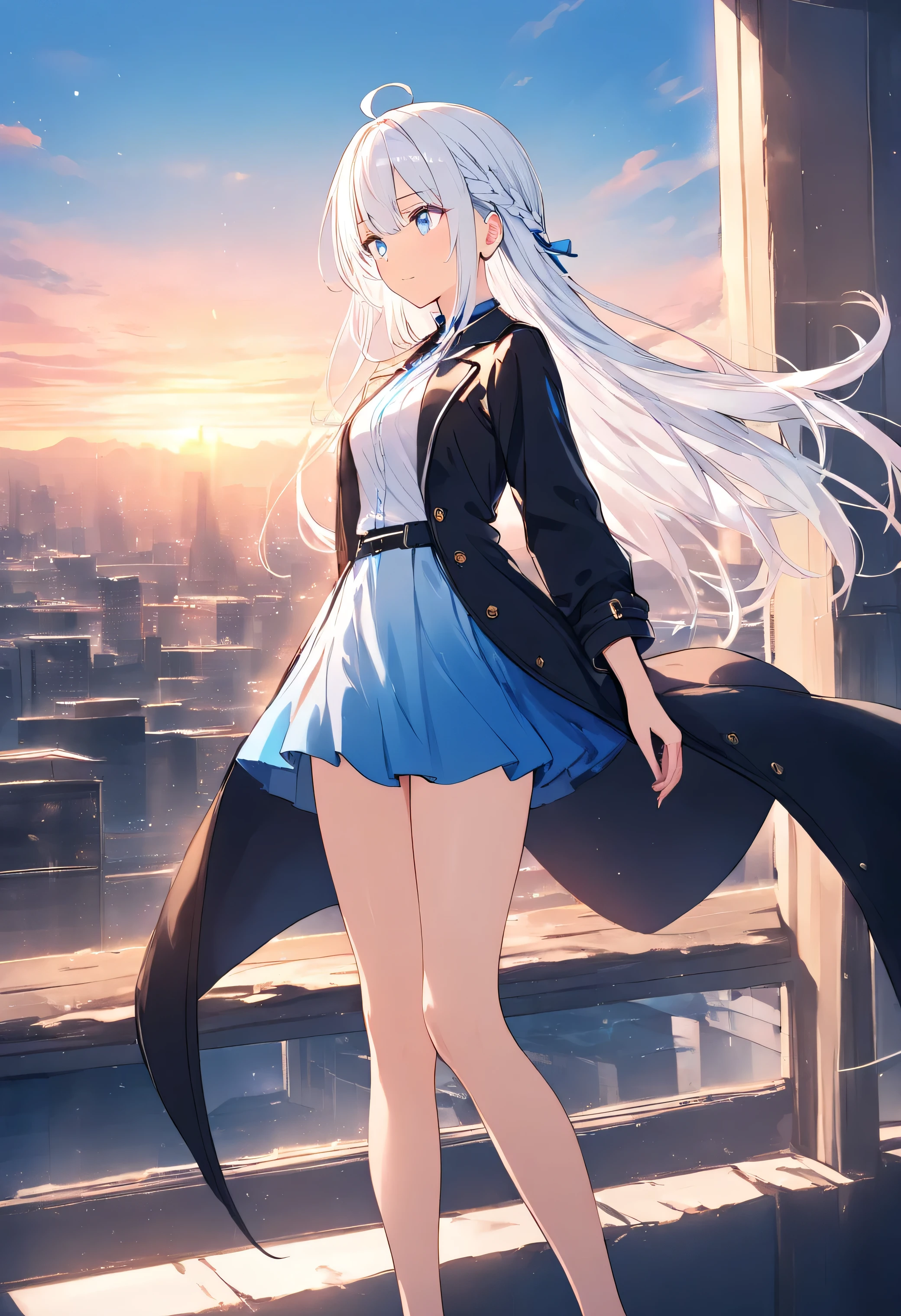 Resolution full, very accurate, best quality, masterpiece, cinematic lighting, full HD, very sharpener, best art, very accurate, city background, 1girl, solo, cute girl, beautiful and cute girl, white hair, long hair, braid hair, bangs hair, ahoge hair, straight hair, gradient gray and white hair, slim body, beautiful bright blue eyes, white blouse, black coat, long coat, blue miniskirt, perfect legs, standing model, sunset, dusk, evening, twilight, vesper