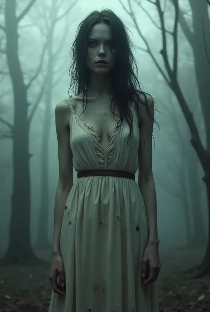 Beautiful girl with wavy long hair, big boobs skinny, wearing a short white dress, lost in a dark forest,