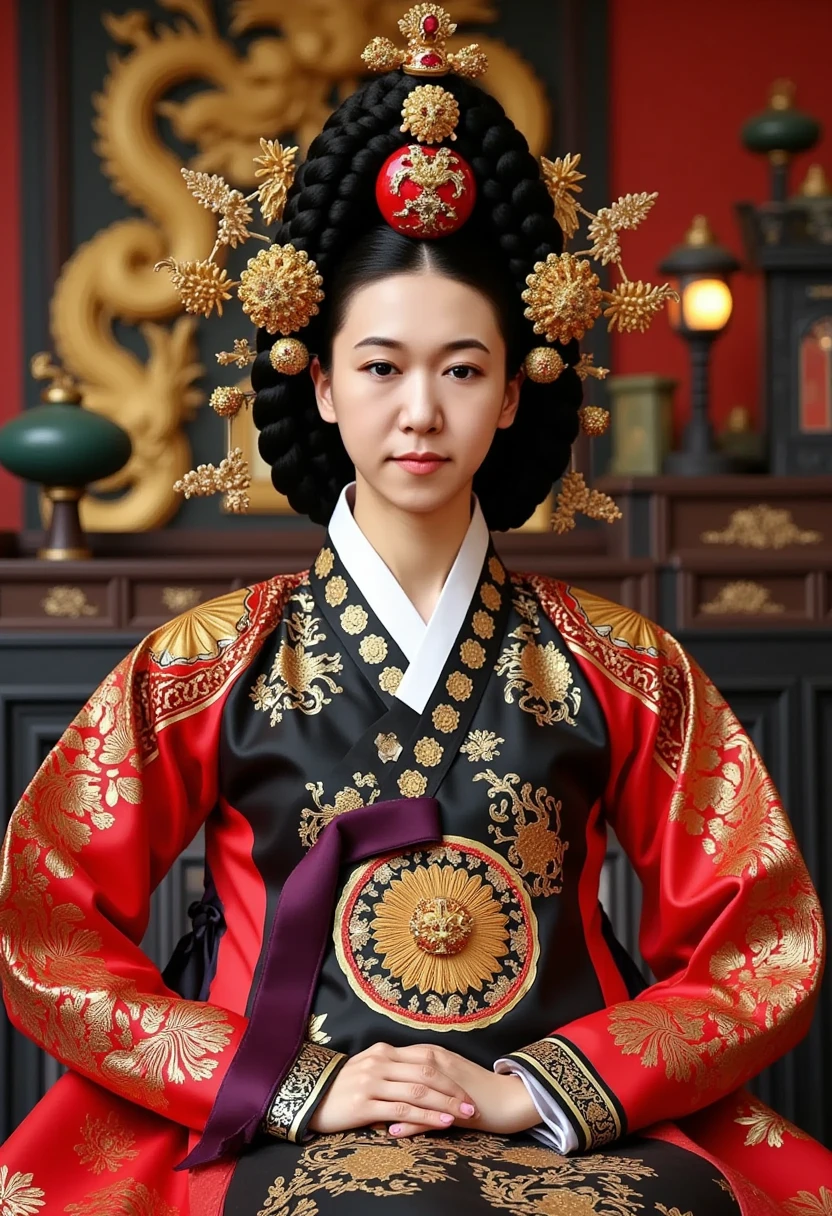 [CHARACTER: Tang Dynasty Imperial Noblewoman]  
Appearance: A breathtakingly beautiful Chinese woman with luminous porcelain skin, elegant oval face, soft round eyes, and an aura of authority mixed with sensuality.  
Outfit: Wearing an **extravagant Tang Dynasty hanfu**, with layers of **rich silk robes** in hues of deep red, gold, or royal purple, adorned with **phoenix and peony embroidery**, golden trims, and flowing wide sleeves. Her outer robe drapes gracefully, revealing inner layers with intricate brocade.  
Hair: Styled in a **tall, elaborate Tang court updo**, decorated with **gold phoenix pins**, **jeweled crowns**, **floral hair ornaments**, and **dangling pearl strings**.  
Expression: Regal and composed, with a soft, knowing smile or a serene, powerful gaze — full of imperial charm and timeless grace.  

[SCENE]  
Location: Standing or seated in a **Tang Dynasty palace hall**, or on a marble terrace with carved dragons, red pillars, and hanging silk drapes. Optionally near **an imperial lotus garden** or **silk-curtained balcony** overlooking the court.  
Lighting: Warm golden indoor lighting, with beams of sunlight from tall windows or lanterns casting soft highlights on silk textures and jewelry.  
Mood: Grand, majestic, and intimate — capturing the elegance and dominance of a woman born to rule.  

[CAMERA]  
Full-body or mid-length portrait, capturing the flow of the robes, the headdress, and facial expression. Side angle or slight tilt for cinematic drama.  

[STYLE]  
Ultra-realistic 8K, cinematic lighting, dramatic shadows, soft focus on background to enhance regal presence.  
Avoid cartoonish tone — use royal color palette, authentic textures, and Tang Dynasty aesthetics.
