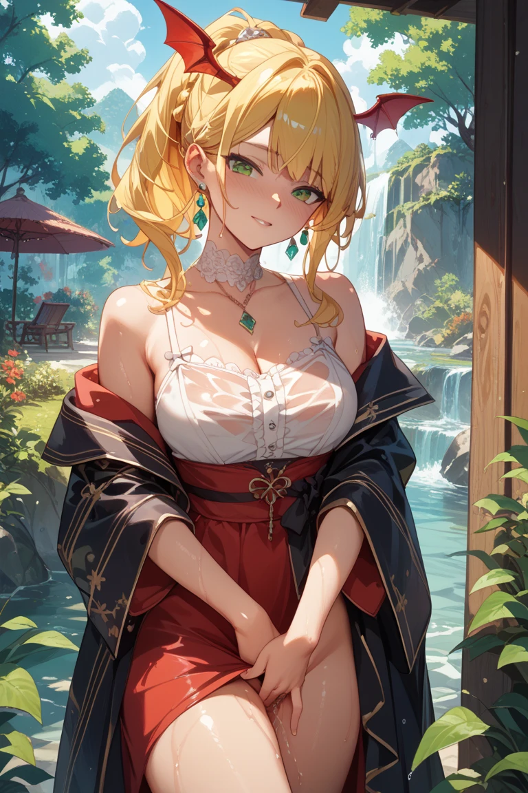 1girl, acorn, aerial_fireworks, against_tree, aki_shizuha, architecture, autumn, autumn_leaves, bare_shoulders, bare_tree, bench, black_choker, blonde_hair, blue_bikini, blue_eyes, blurry, blurry_background, blurry_foreground, bra, braid, branch, breasts, burning, campfire, choker, cleavage, upper_body, depth_of_field, dragonfly, dusk, east_asian_architecture, evening, explosion, falling_leaves, fire, fireplace, fireworks, forest, ginkgo_leaf, goldfish, gradient_sky, holding_leaf, in_tree, jacket, lake, leaf, leaf_background, leaf_hair_ornament, leaf_print, leaves_in_wind, long_hair, looking_at_viewer, maple_leaf, motion_blur, mountain, nature, navel, onsen, open_clothes, orange_sky, outdoors, palm_leaf, palm_tree, park, photo_background, red_sky, rock, shrine, solo, spring_\(season\), starfish, stone_lantern, sunset, sweet_potato, toned, tree, twilight, under_tree, waterfall, wisteria, pastel_colors <lora:CuteSexyRobutts-56:0.85>