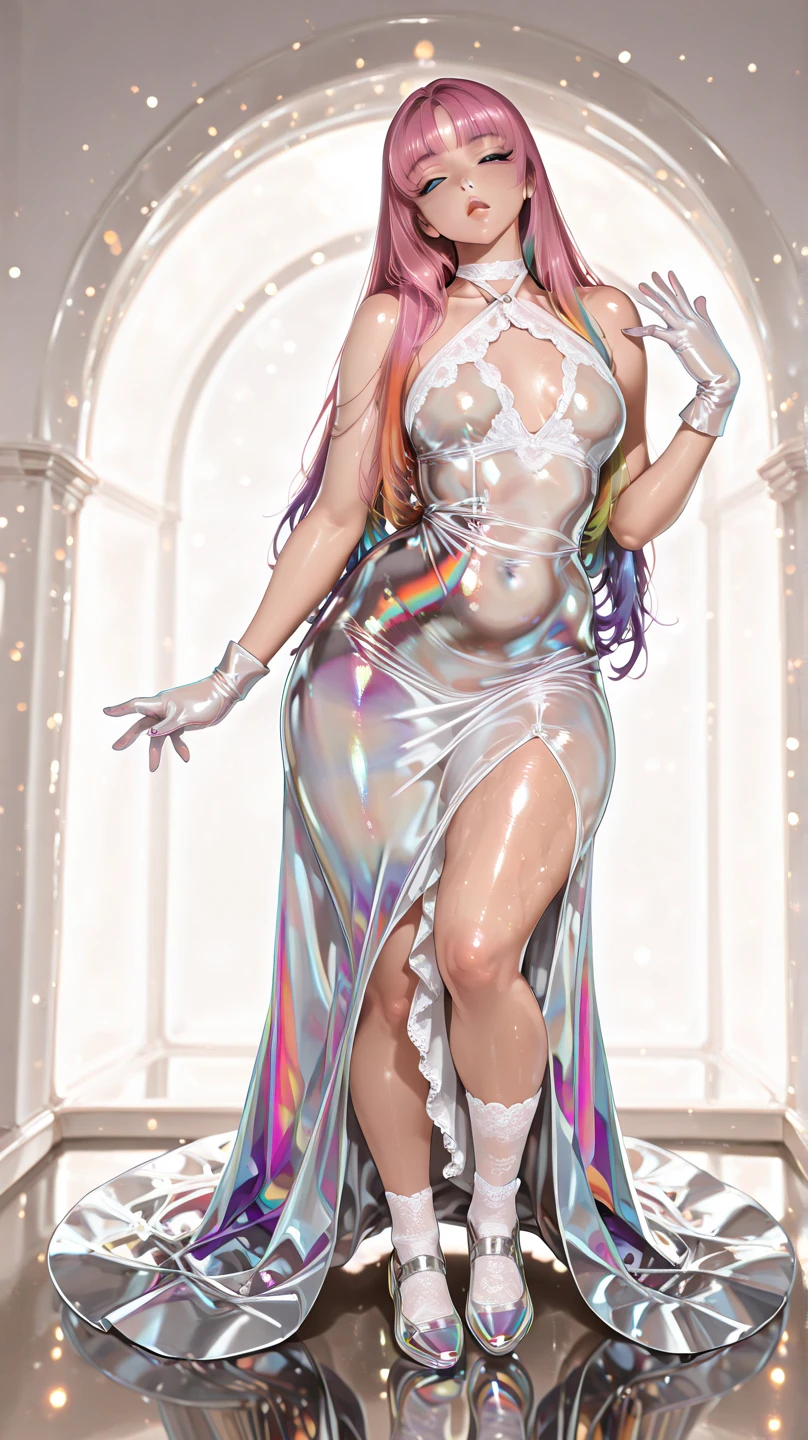a portrait of  an exotic, elegant beautiful mecha woman eating an epic, (legendary strawberry: 1.3) in cocktail party , ((full body: 1.5)), ((anatomically correct: 1.5)), (ultra detailed face: 1.2), dynamic eye color, glowing eyes, dynamic hair color, dynamic hair style dynamic skin complexion, wearing 1960's glamour intricate dress, high. fashion dress, dynamic color dress , wearing high heels, cocktail party background, vibrant, Ultra-high resolution, High Contrast, (masterpiece:1.5), highest quality, Best aesthetics), best details, best quality, highres, 16k, (ultra detailed: 1.5), masterpiece, best quality, (extremely detailed) RAW, (ultra details, Masterpiece, best quality), Hyperrealism style, MechanicusStyleAI, 