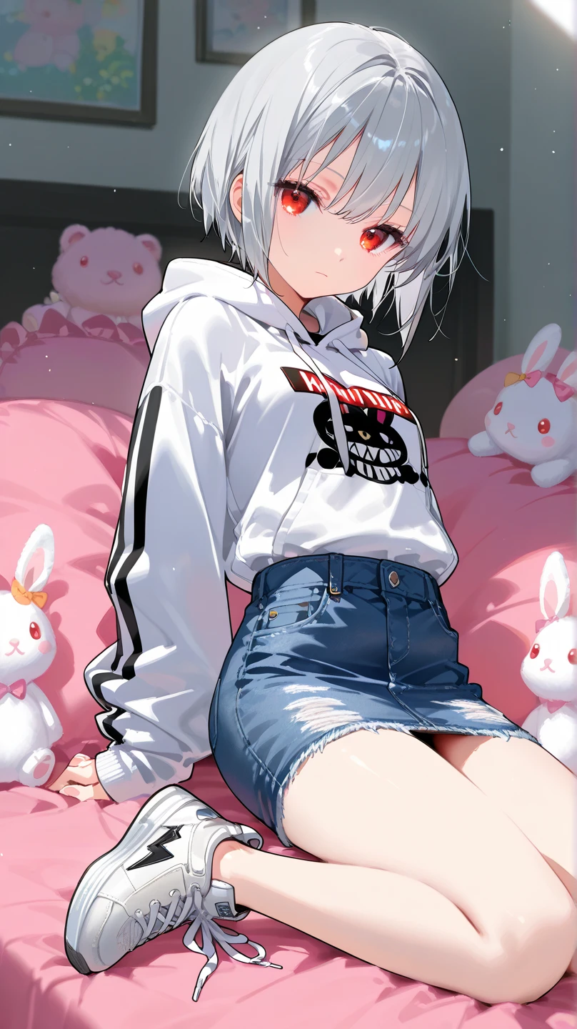 White hair and red eyes，The kinky is exposed，legs separated，short detailed hair，Pure white underwear，Blush on the face，Cartoon format