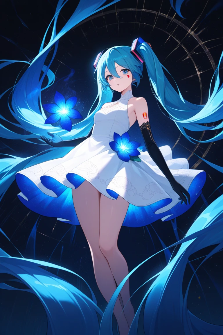Beautiful girl with long light blue hair, twin tails, rhythmic gymnastics ribbon, cute white leotard, bright smile