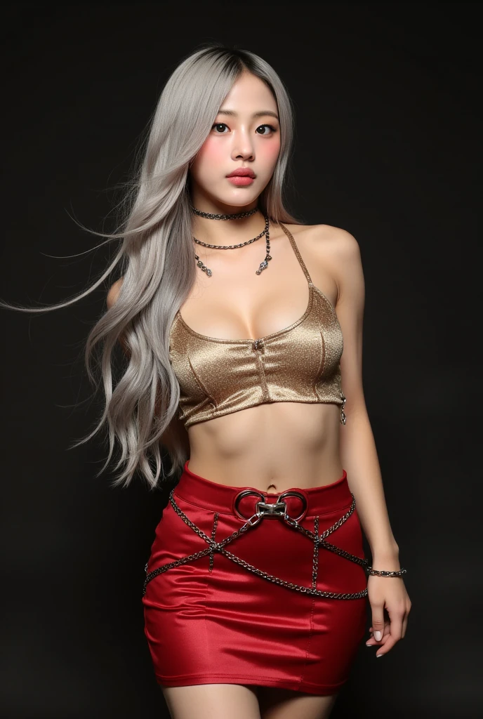 1girl, solo, mature woman, standing, arms crossed, black top, navel, bare shoulders, colored skin:1.1, pink skin:1.2, long hair, white hair, golden belt, baggy white pants, smooth tail, pointy ears, red eyes, black sclara, gold bracers, gold necklace, large hoop earnings,detailed background, lab, science equipment, destroyed lab, rubble,