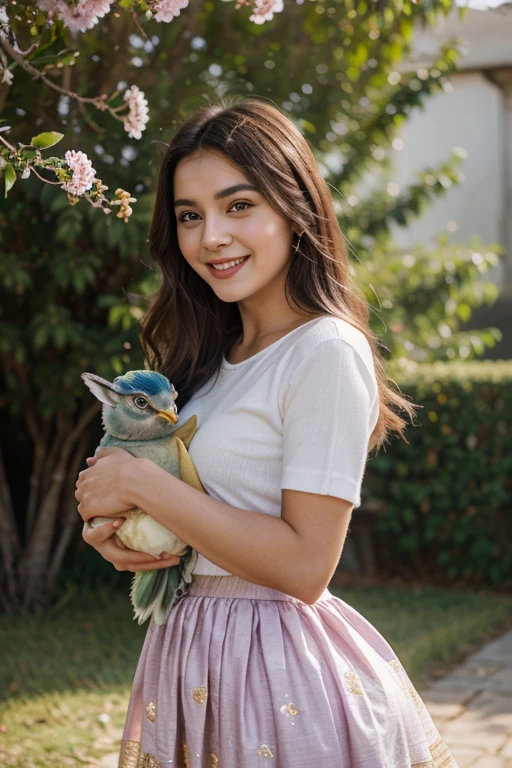 A fantastic girl with brown hair and purple eyes sits in full growth on a white dragon and behind her is a beautiful golden school
