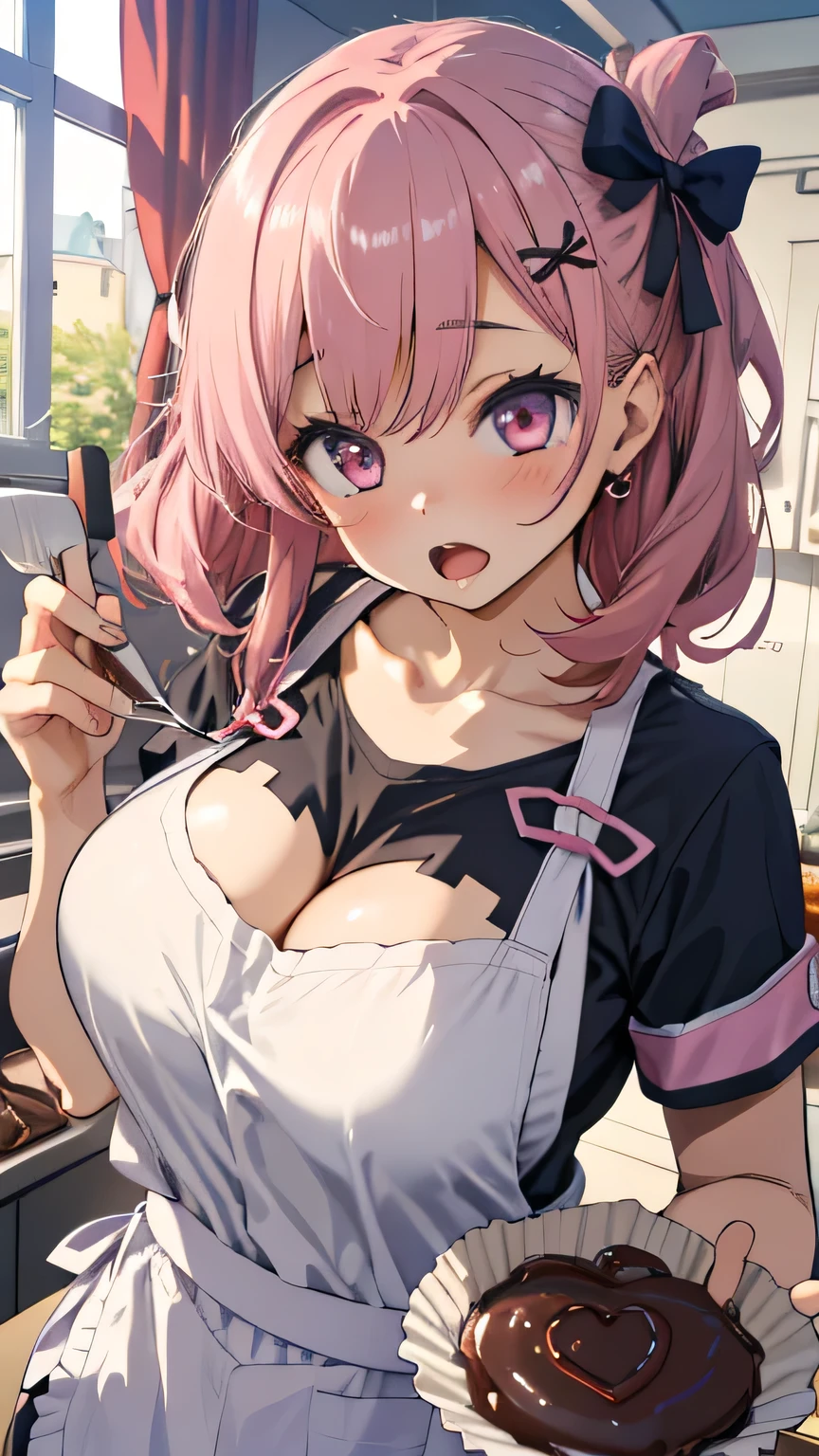 1girl absurdres akatsuki_(aktk511) apron armband black_thighhighs breasts candy chocolate chocolate_heart chocolate_on_body chocolate_on_breasts chocolate_on_hand clothing_cutout collarbone fingernails food food_on_body food_on_hand hair_ornament hair_ribbon heart heart-shaped_food heart_cutout highres holding holding_spatula large_breasts long_hair looking_at_viewer naked_apron no_panties open_mouth original pink_eyes pink_hair ribbon spatula thighhighs thighs two_side_up valentine white_chocolate x_hair_ornament
