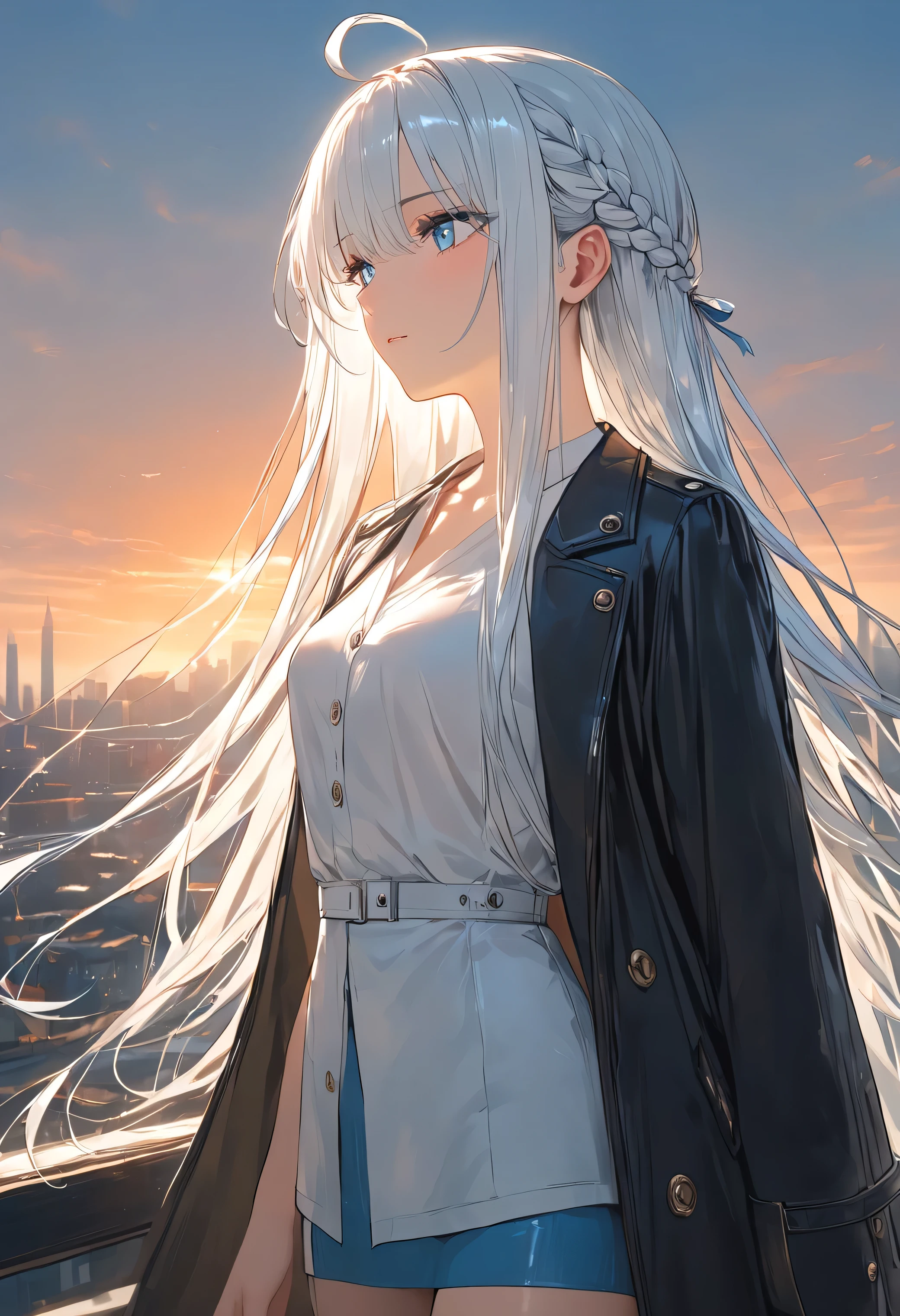 Resolution full, very accurate, best quality, masterpiece, cinematic lighting, full HD, very sharpener, best art, very accurate, city background, 1girl, solo, cute girl, beautiful and cute girl, white hair, long hair, braid hair, bangs hair, ahoge hair, straight hair, gradient gray and white hair, slim body, beautiful bright blue eyes, white blouse, black coat, long coat, blue miniskirt, perfect legs, standing model, sunset, dusk, evening, twilight, vesper