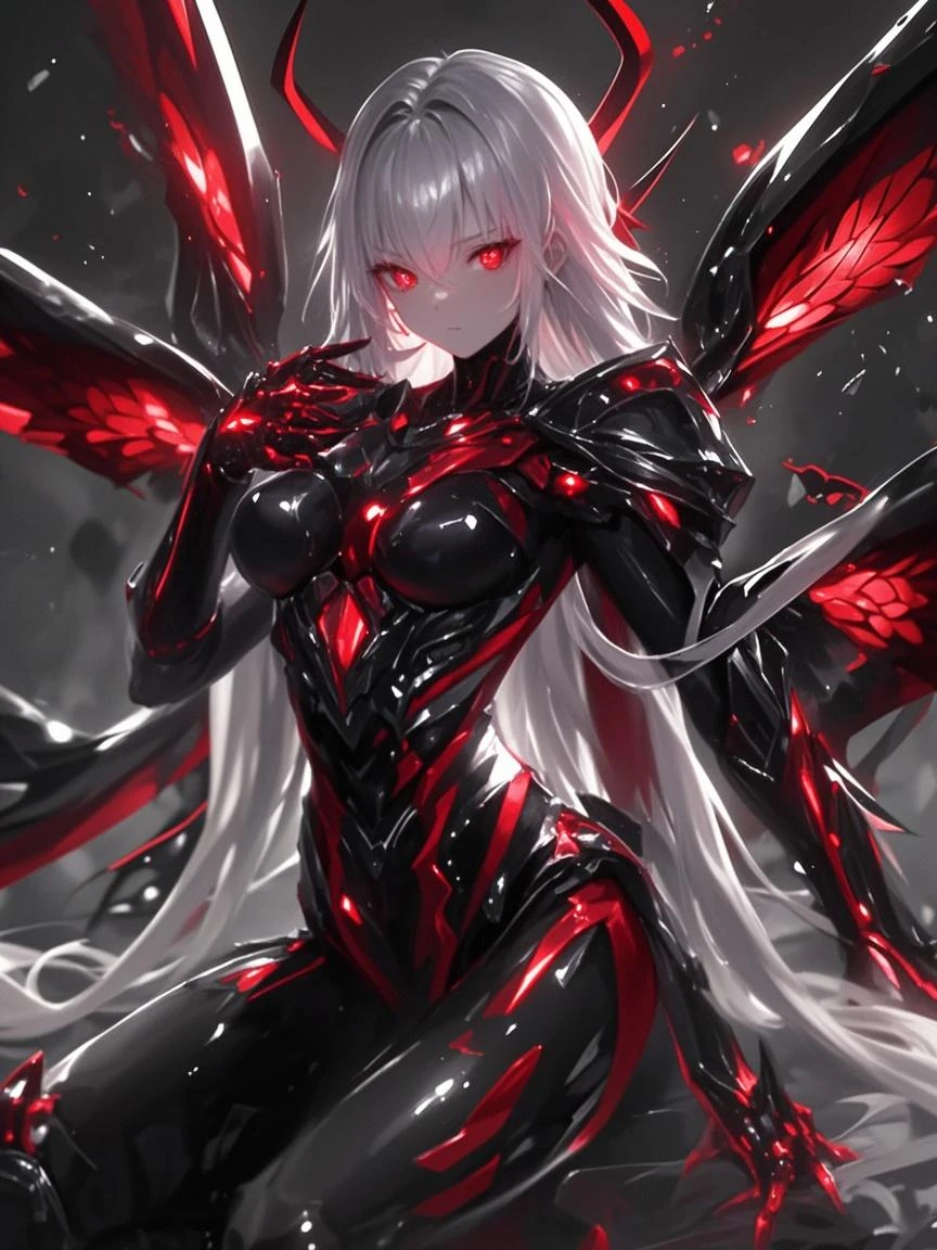 masterpiece， best quality， 8K， Digital painting， 1 girl， solo， stand up， youth， White hair， long white hair， hair accessories， red eyes， round pupils， Emotionless expression， blood stains， Mechanical Parts， electric wire， cable， failure effect， horrifying， science fiction， futuristic， Dark inside the background， neon lights， cyberpunk characters， Surreal， weird， Disturbing， spine-chilling， horrifying， jumpsuit，Red eyes，Venom Possession，blackened，Long black gloves，One-piece Pants，tight latex bodysuit，Highlight her graceful figure,wrap the whole body，symbiont，（（Raised sexy）），jumpsuit，Red eyes，Venom Possession，blackened，Long black gloves，One-piece Pants，Black latex clothing，Blood-red eyes，best quality, High resolution, Super detailed, Vivid textures, mask, tight latex bodysuit, Bangs,purple hair, blue eyes