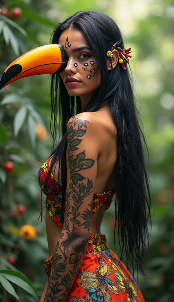 make me a avatar of a fierce woman named Chin. She stands confidently, adorned with beautiful tattoos, and a Cardinal bird perches beside her. and she is in the forest make it human