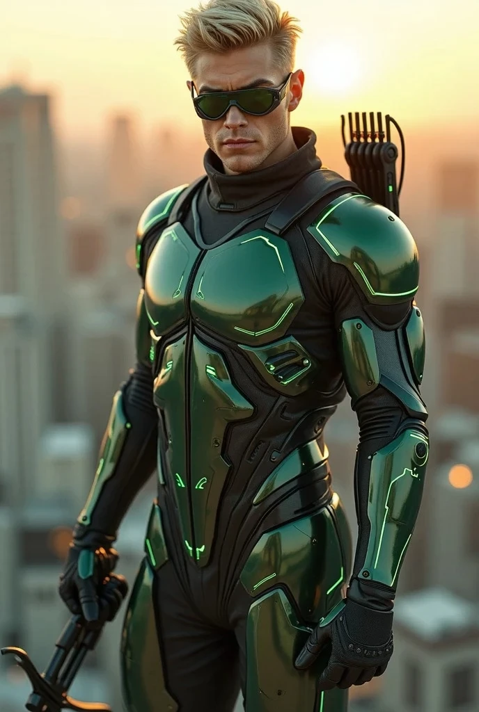 a muscular HUNK , STEPHEN AMELL cyber-hero with blackish GREEN spandex suit FOR SPACE TRAVELING in spaceship , REVEALING HIS MUSCLES AND BULGE WITH HIS PRIVATE TRACE