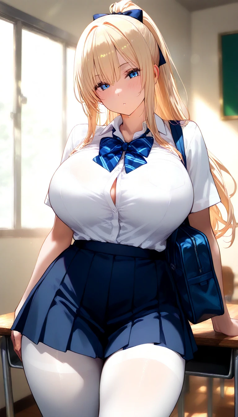 seduce sexually、Smiling embarrassingly、((highest quality、8K、masterpiece:1.3))、1 girl、unparalleled beauty、ultimate beauty、revealing underwear:1.2、super detailed face、delicate eyes、naughty look、sexy look、sexy look、looking at the camera、Depth of bounds written、light particles、side light、high quality school uniforms、(((Nipples exposed from school uniform)))、skirt、(((blonde)))、blue archive、azur lane、wallpaper、beautiful girl、tits、Big beautiful breasts、cleavage、Thighhighs、thighs、slim、slender、Hotel